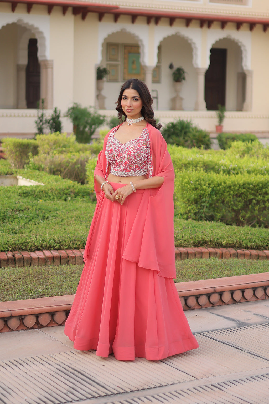 Sanika peach faux georgette lehenga choli with beads embroidery and shrug
