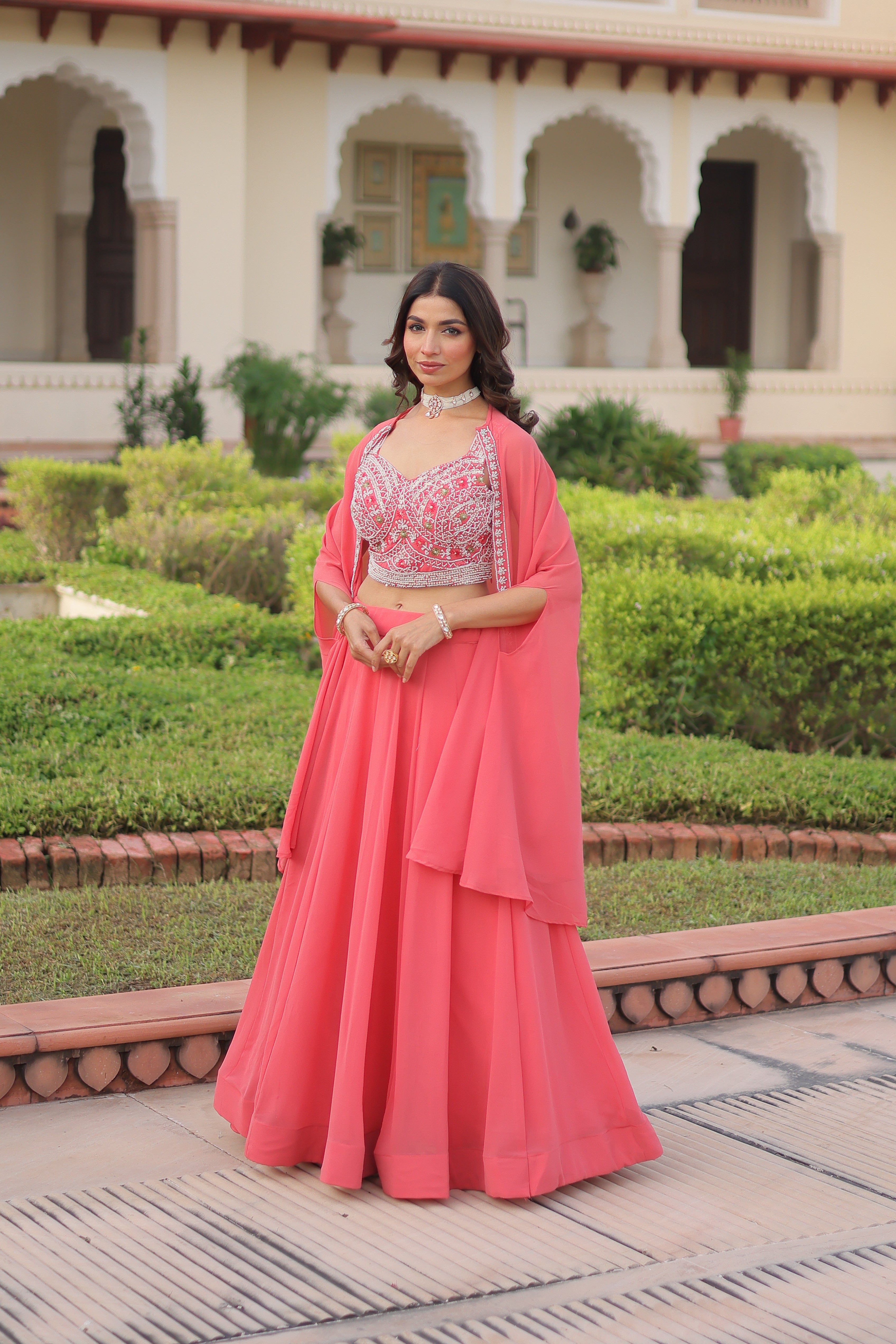 Sanika peach faux georgette lehenga choli with beads embroidery and shrug