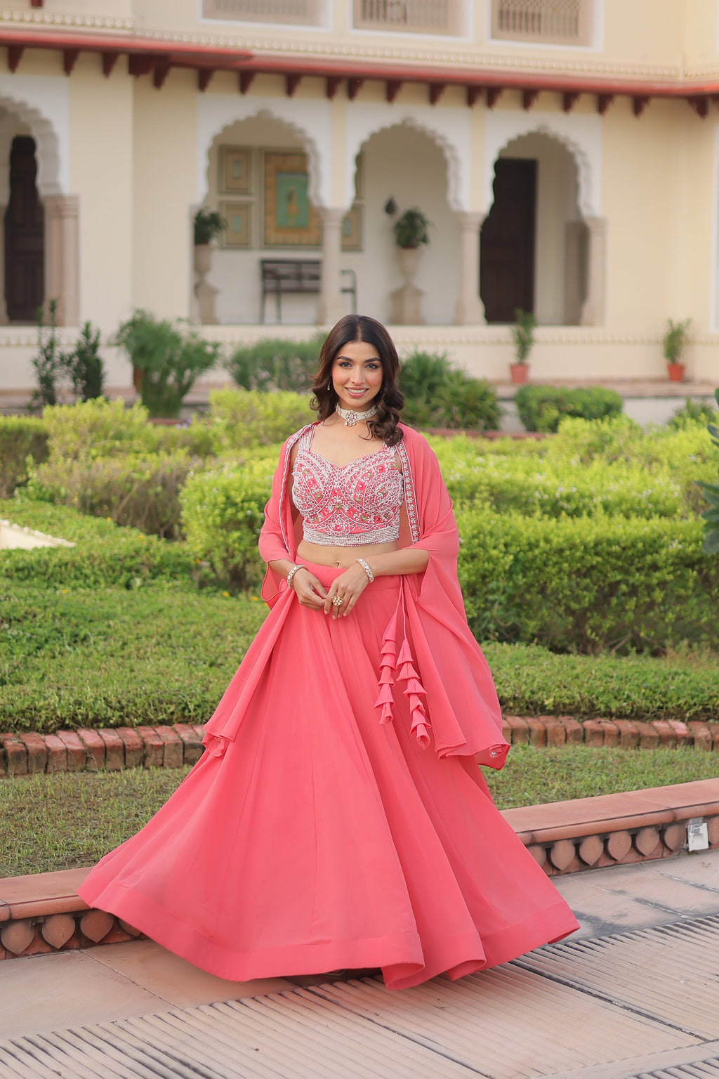 Sanika peach faux georgette lehenga choli with beads embroidery and shrug