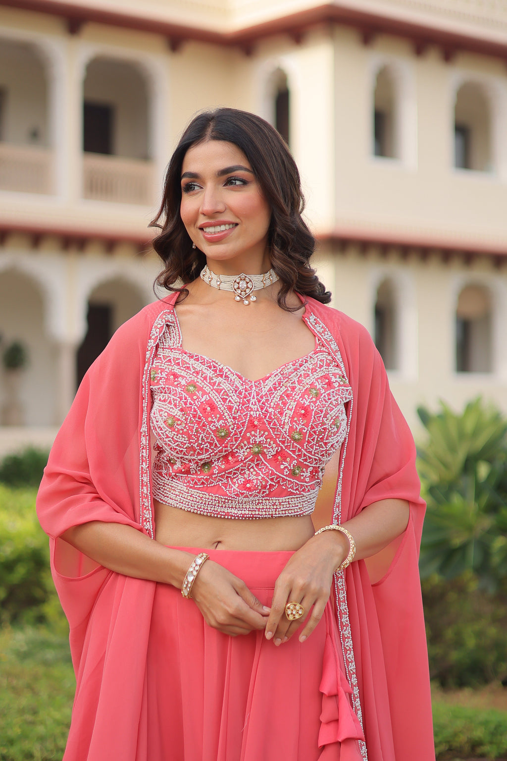 Sanika peach faux georgette lehenga choli with beads embroidery and shrug