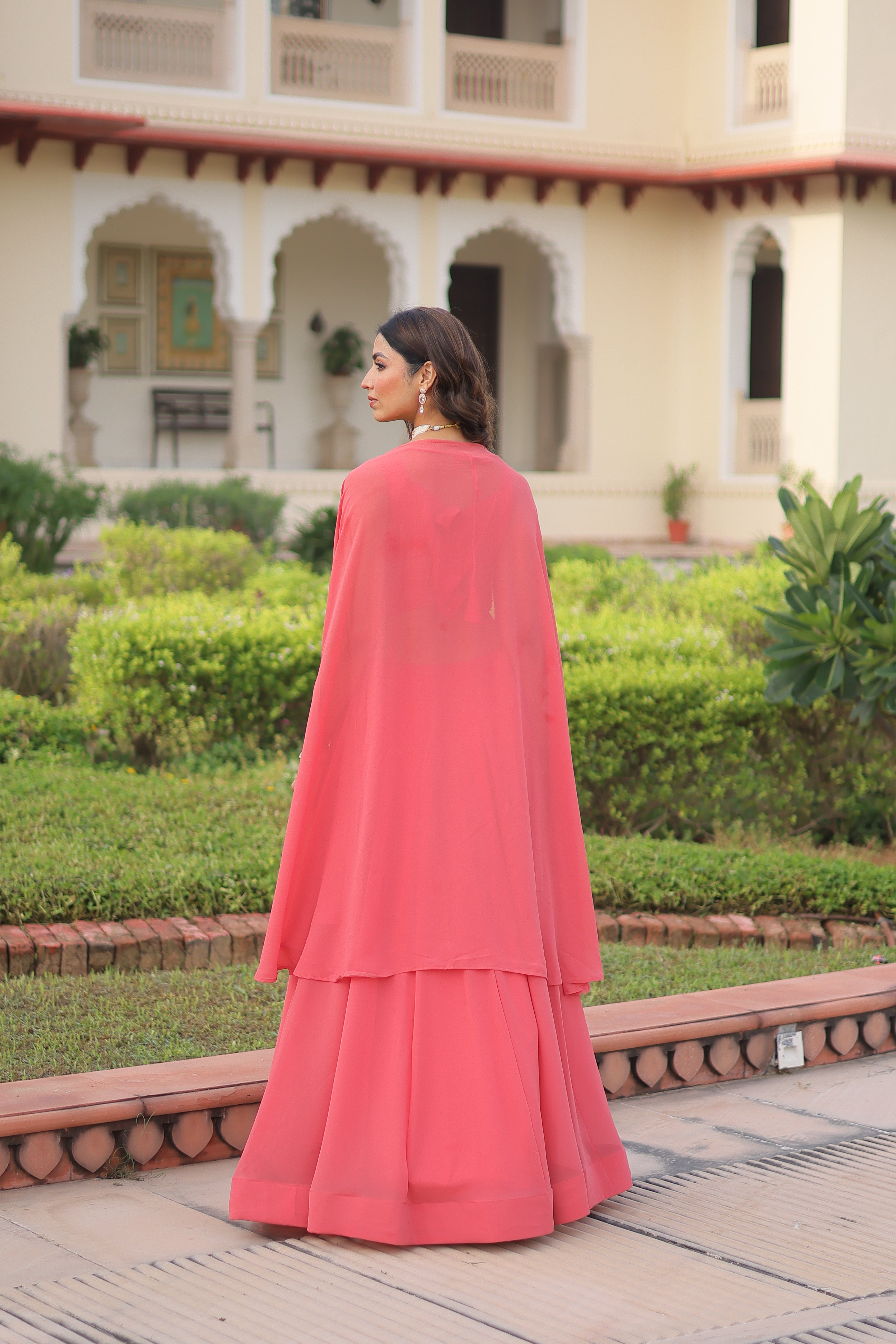 Sanika peach faux georgette lehenga choli with beads embroidery and shrug