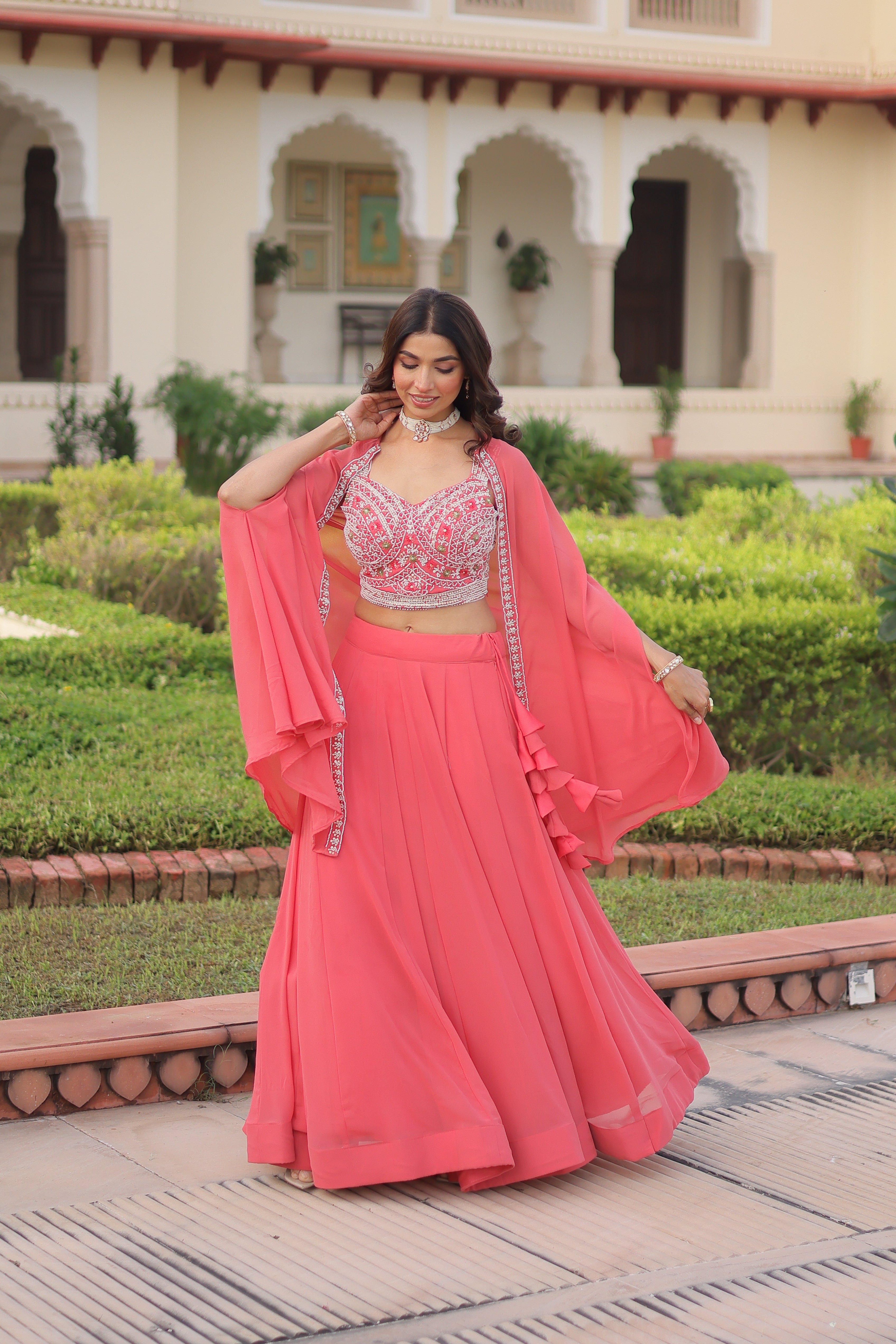 Sanika peach faux georgette lehenga choli with beads embroidery and shrug