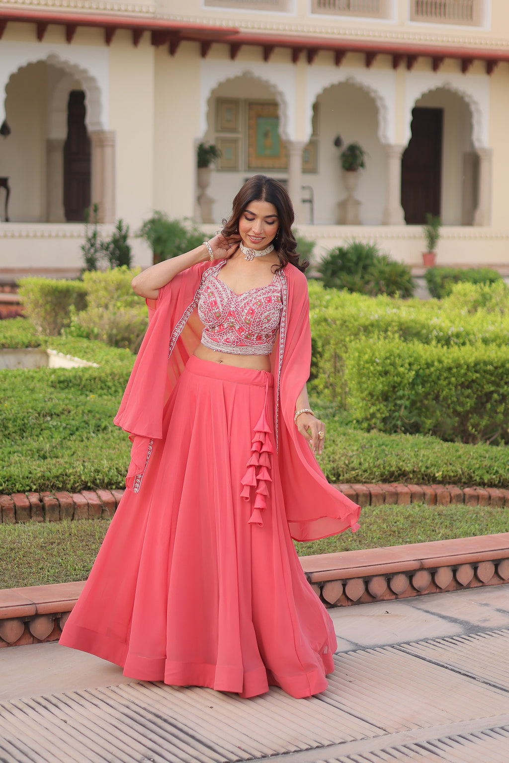Sanika peach faux georgette lehenga choli with beads embroidery and shrug