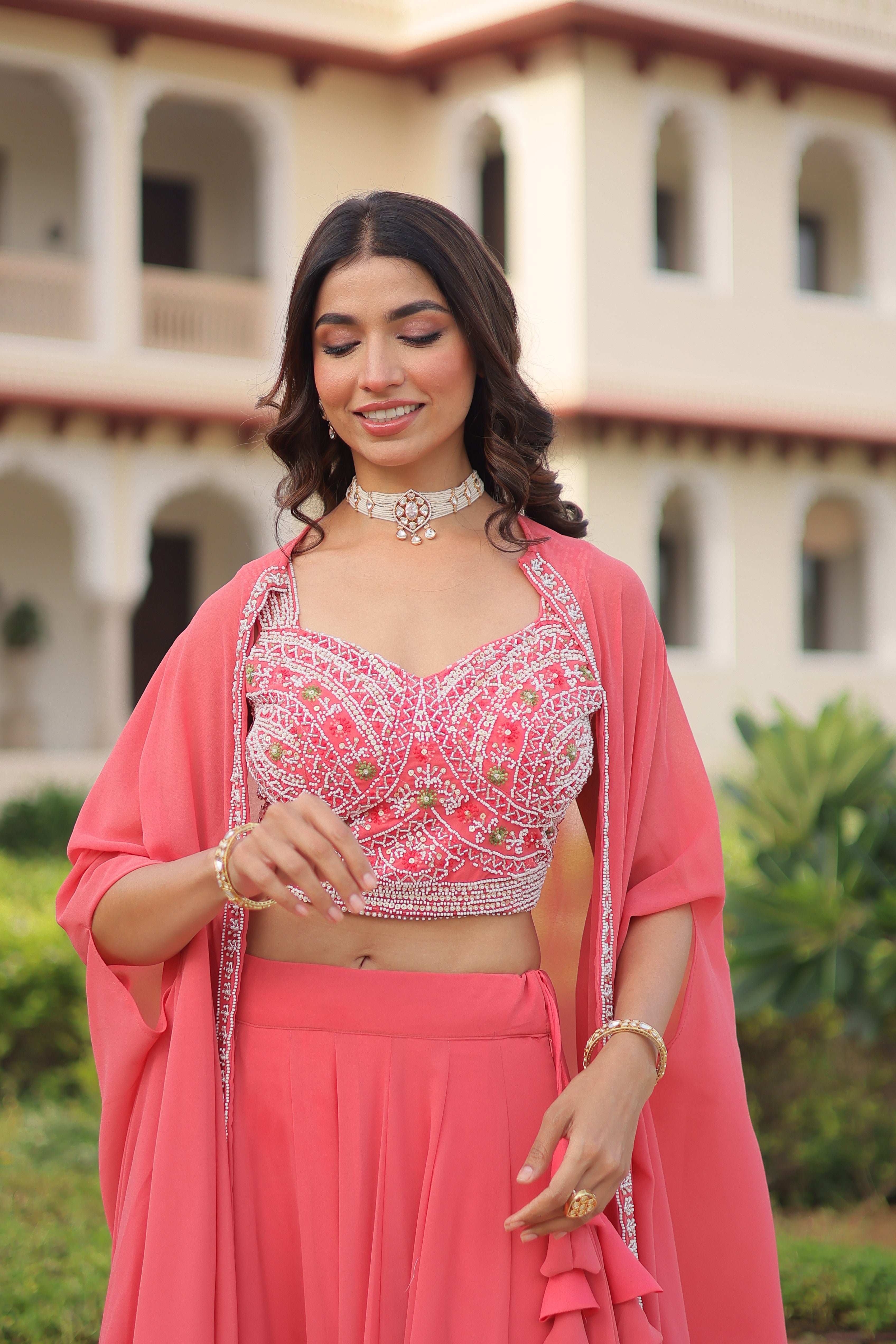 Sanika peach faux georgette lehenga choli with beads embroidery and shrug