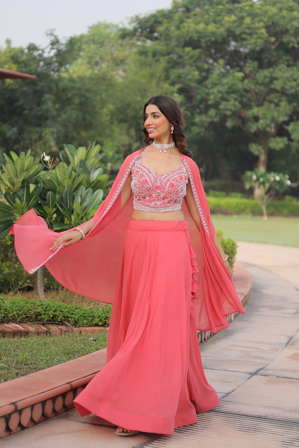 Sanika peach faux georgette lehenga choli with beads embroidery and shrug