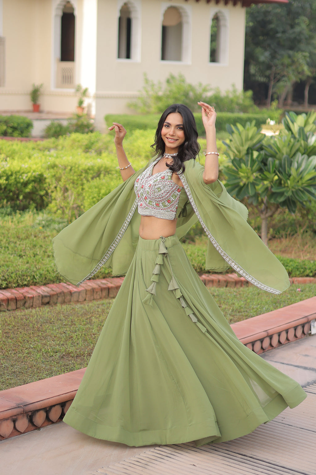 Sanika pista green faux georgette lehenga choli with beads embroidery and shrug