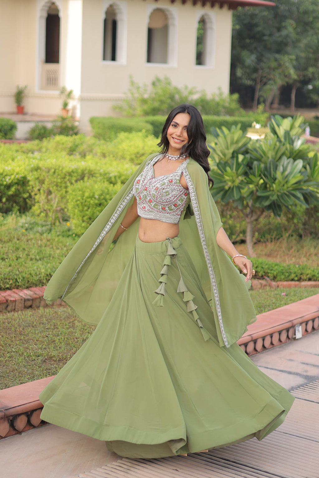 Sanika pista green faux georgette lehenga choli with beads embroidery and shrug