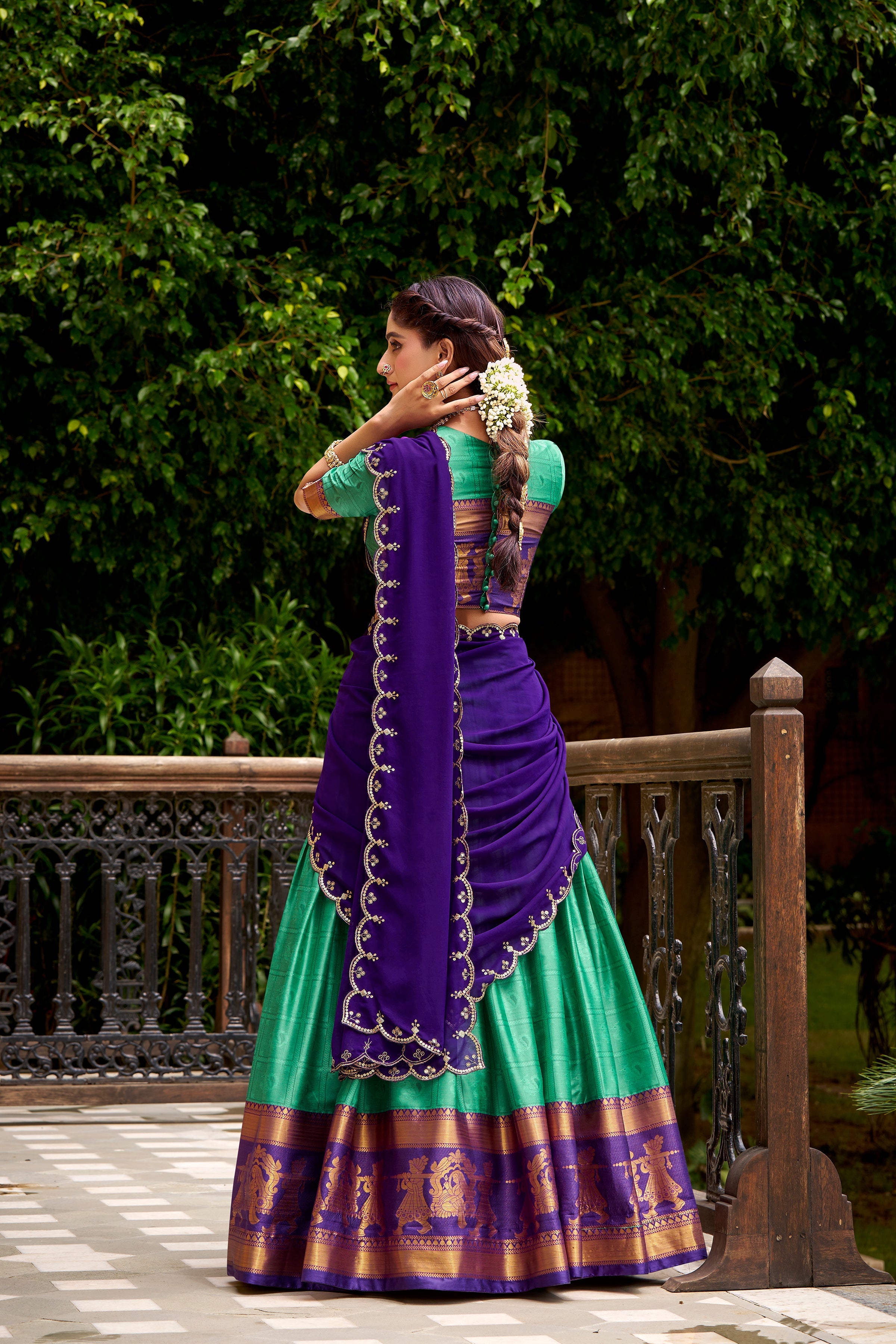 Sea green poly cotton zari weaving half saree lehenga choli