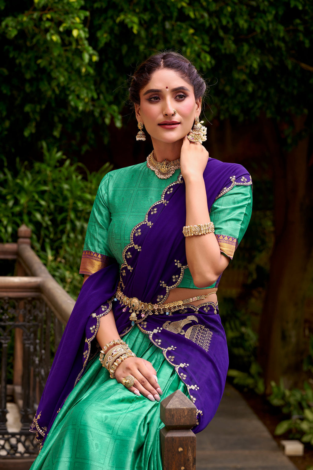 Sea green poly cotton zari weaving half saree lehenga choli