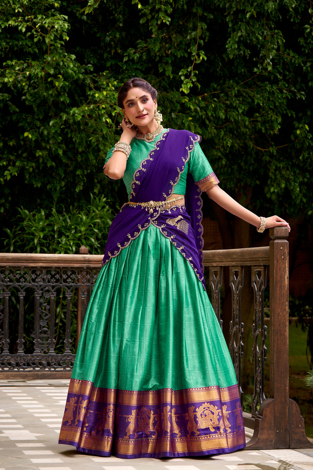 Sea green poly cotton zari weaving half saree lehenga choli