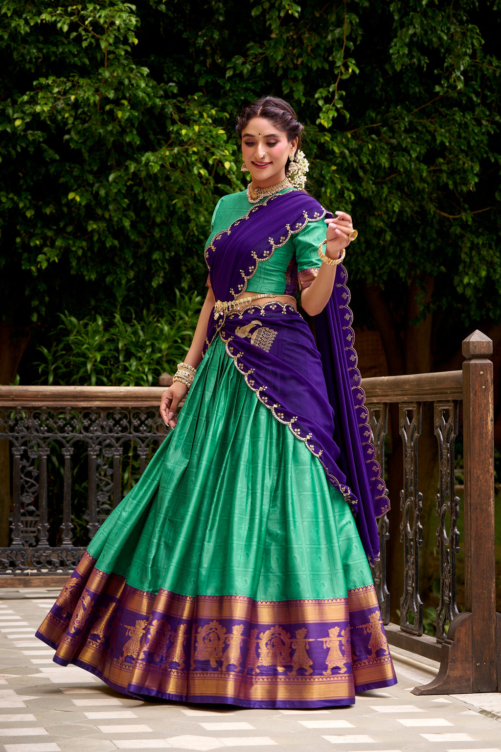 Sea green poly cotton zari weaving half saree lehenga choli