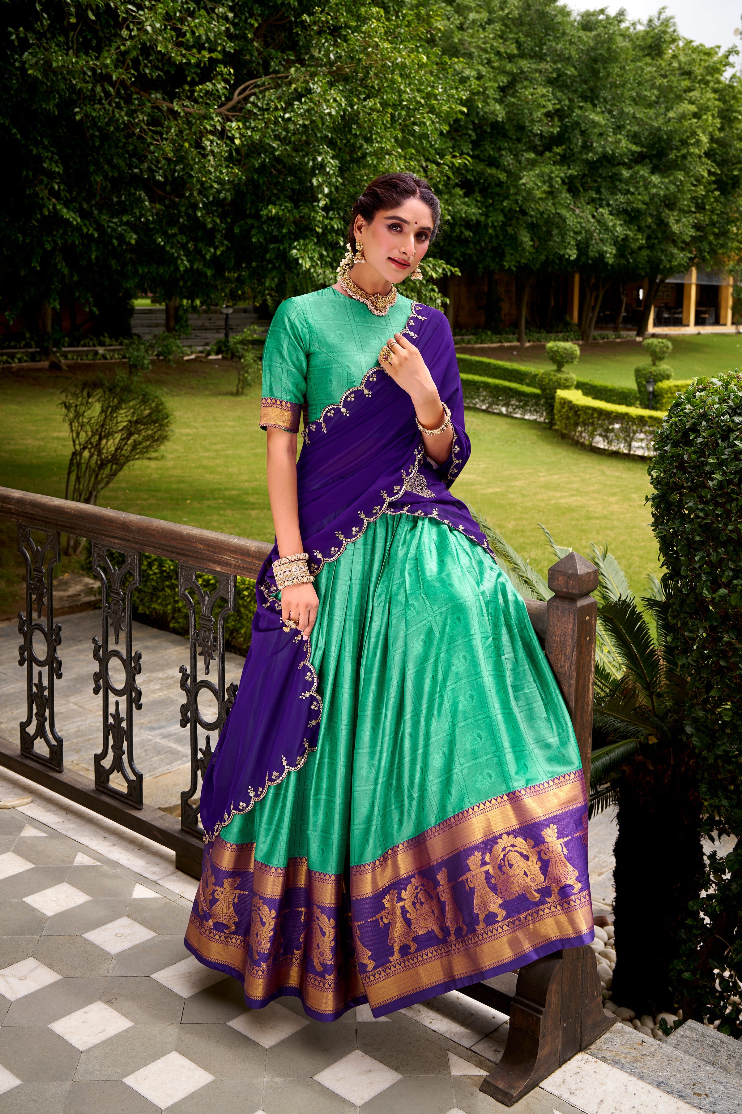 Sea green poly cotton zari weaving half saree lehenga choli