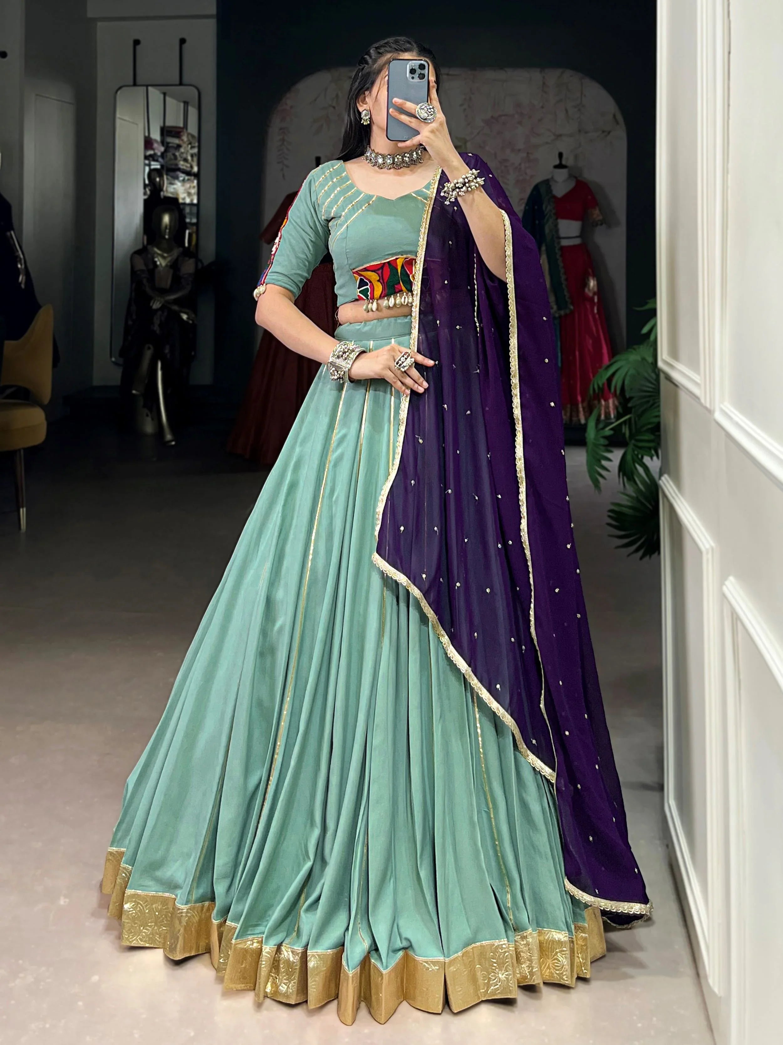 Sea green rayon lehenga choli with mirror gamthi work and dupatta