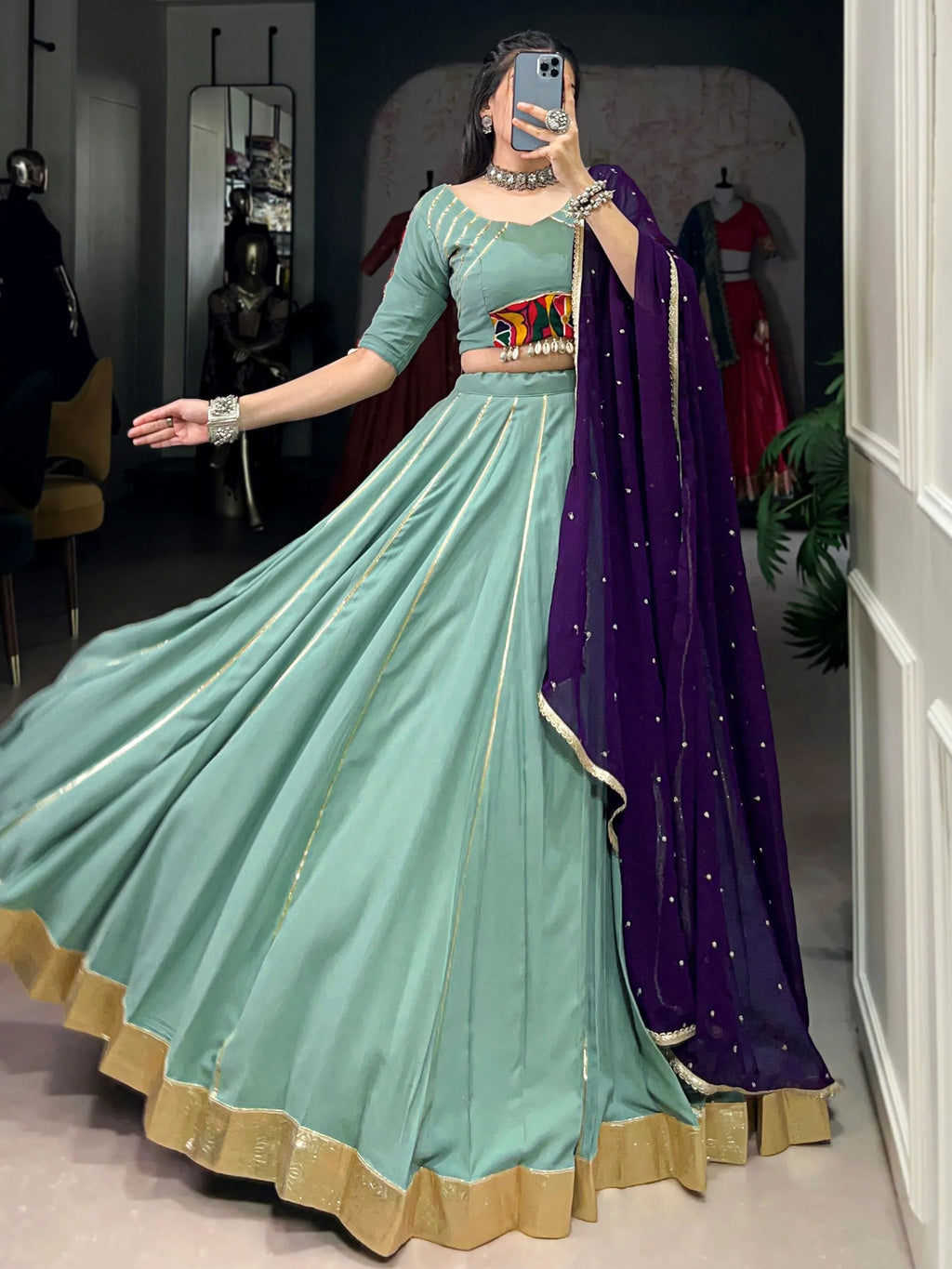 Sea green rayon lehenga choli with mirror gamthi work and dupatta