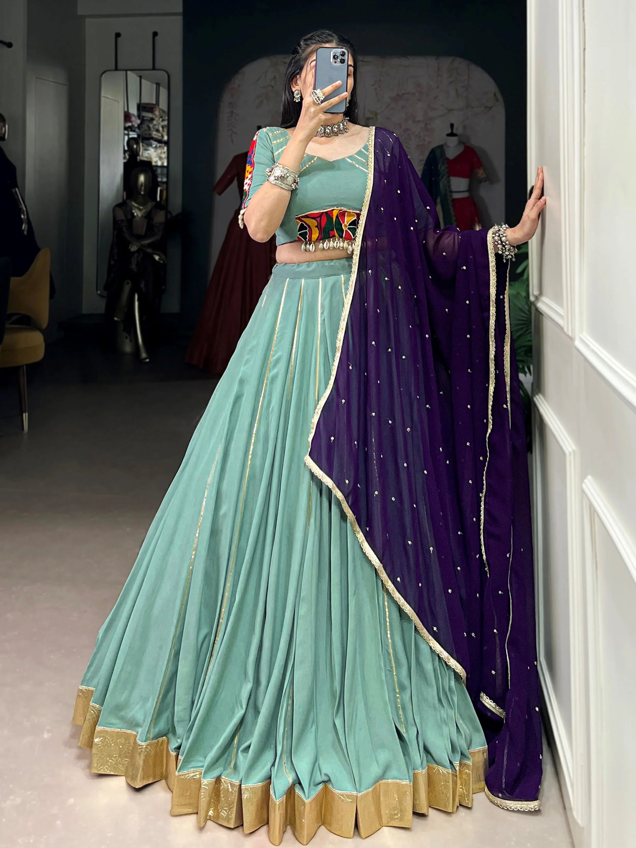 Sea green rayon lehenga choli with mirror gamthi work and dupatta