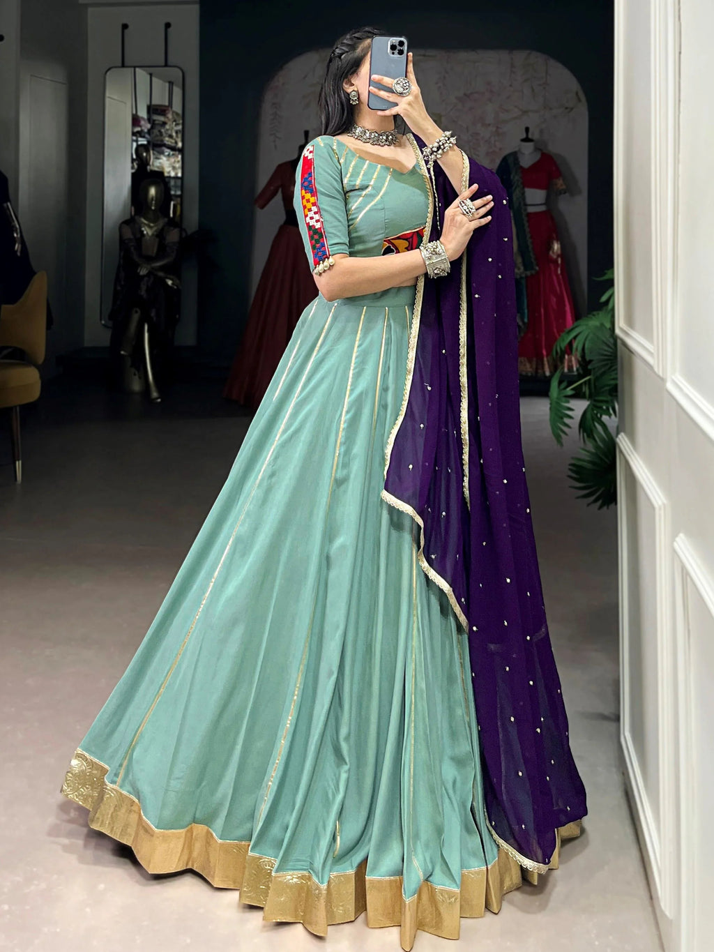 Sea green rayon lehenga choli with mirror gamthi work and dupatta