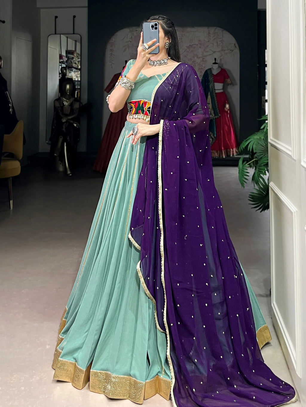 Sea green rayon lehenga choli with mirror gamthi work and dupatta