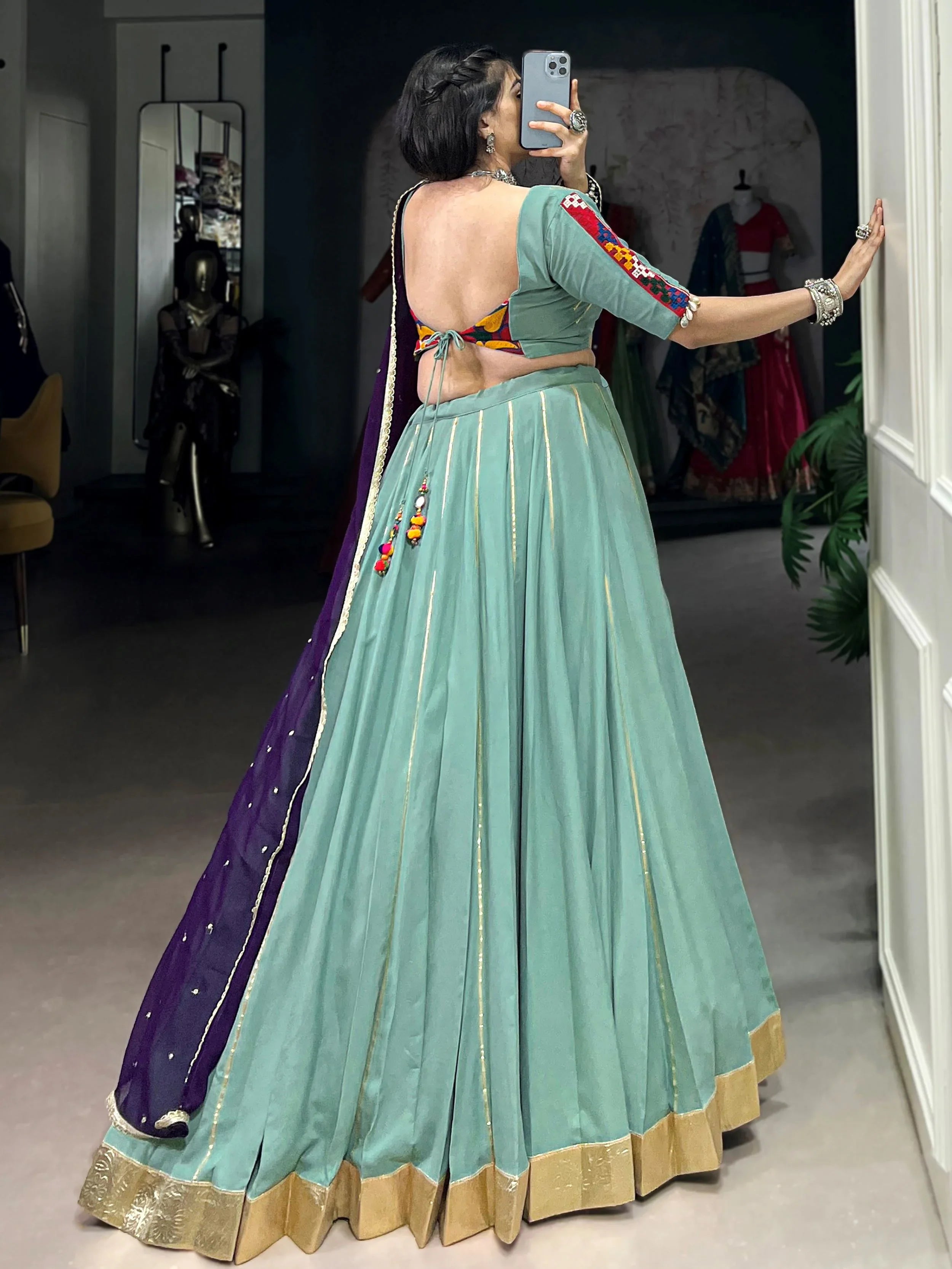 Sea green rayon lehenga choli with mirror gamthi work and dupatta