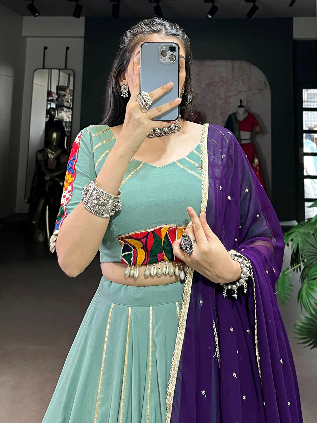 Sea green rayon lehenga choli with mirror gamthi work and dupatta
