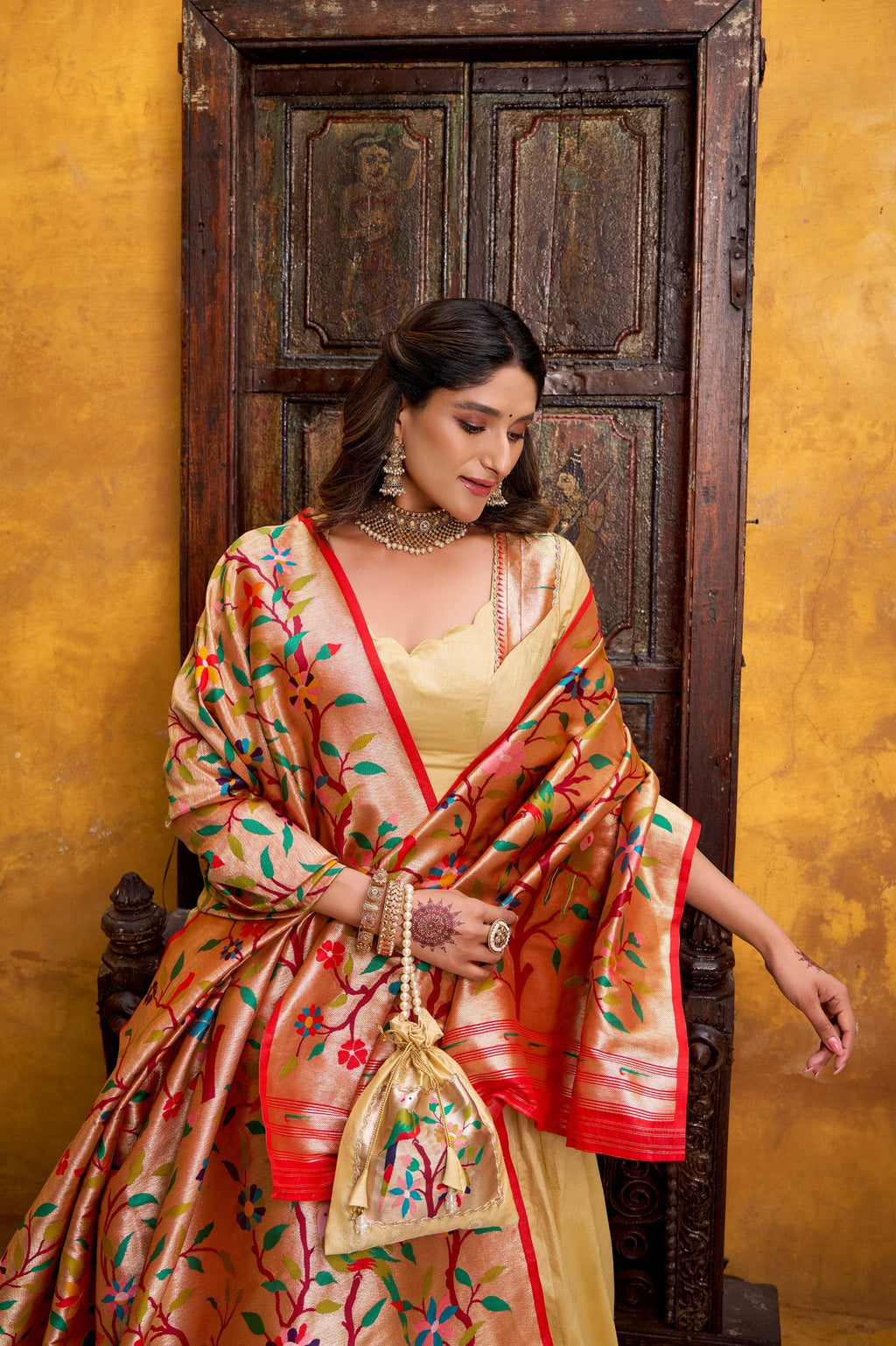 Shubhangi cream zari weaving work silk paithani lehenga choli set