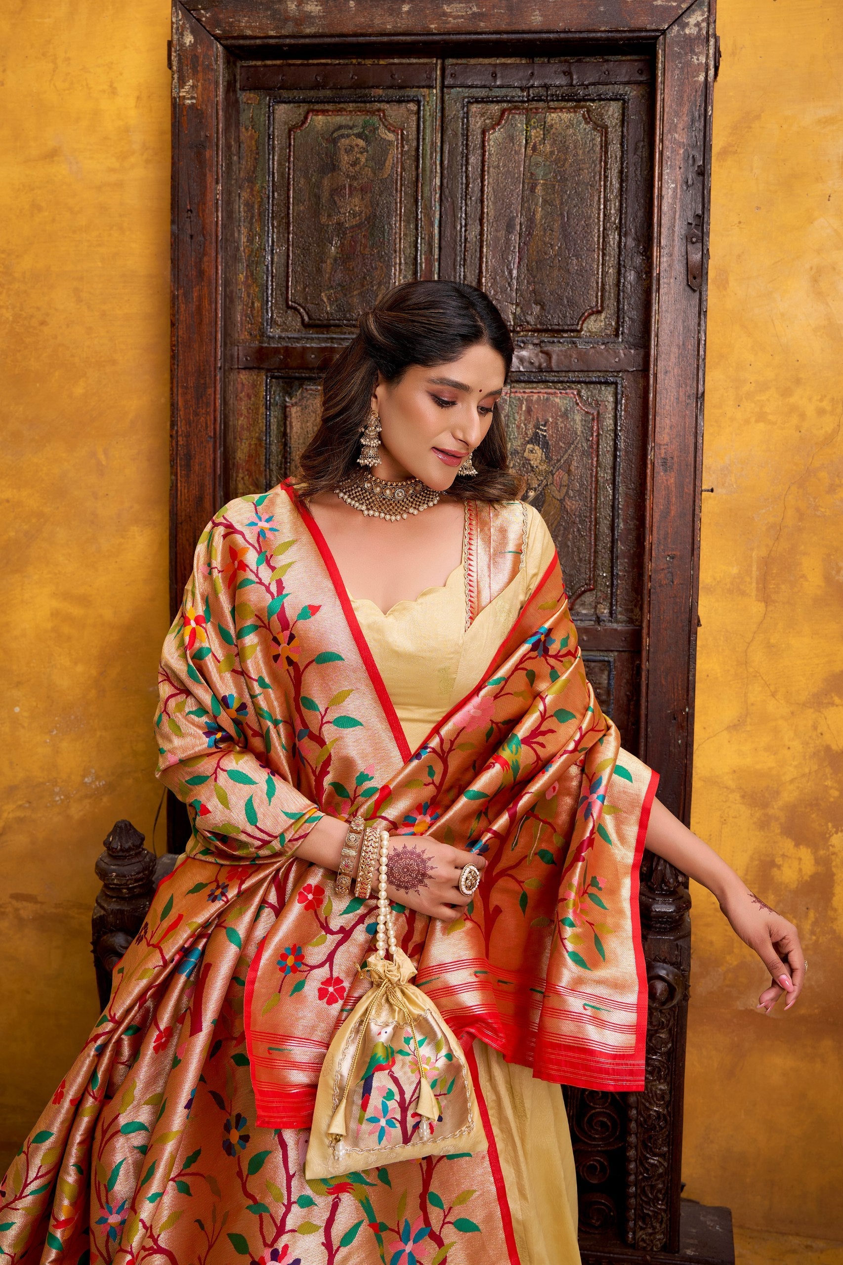 Shubhangi cream zari weaving work silk paithani lehenga choli set