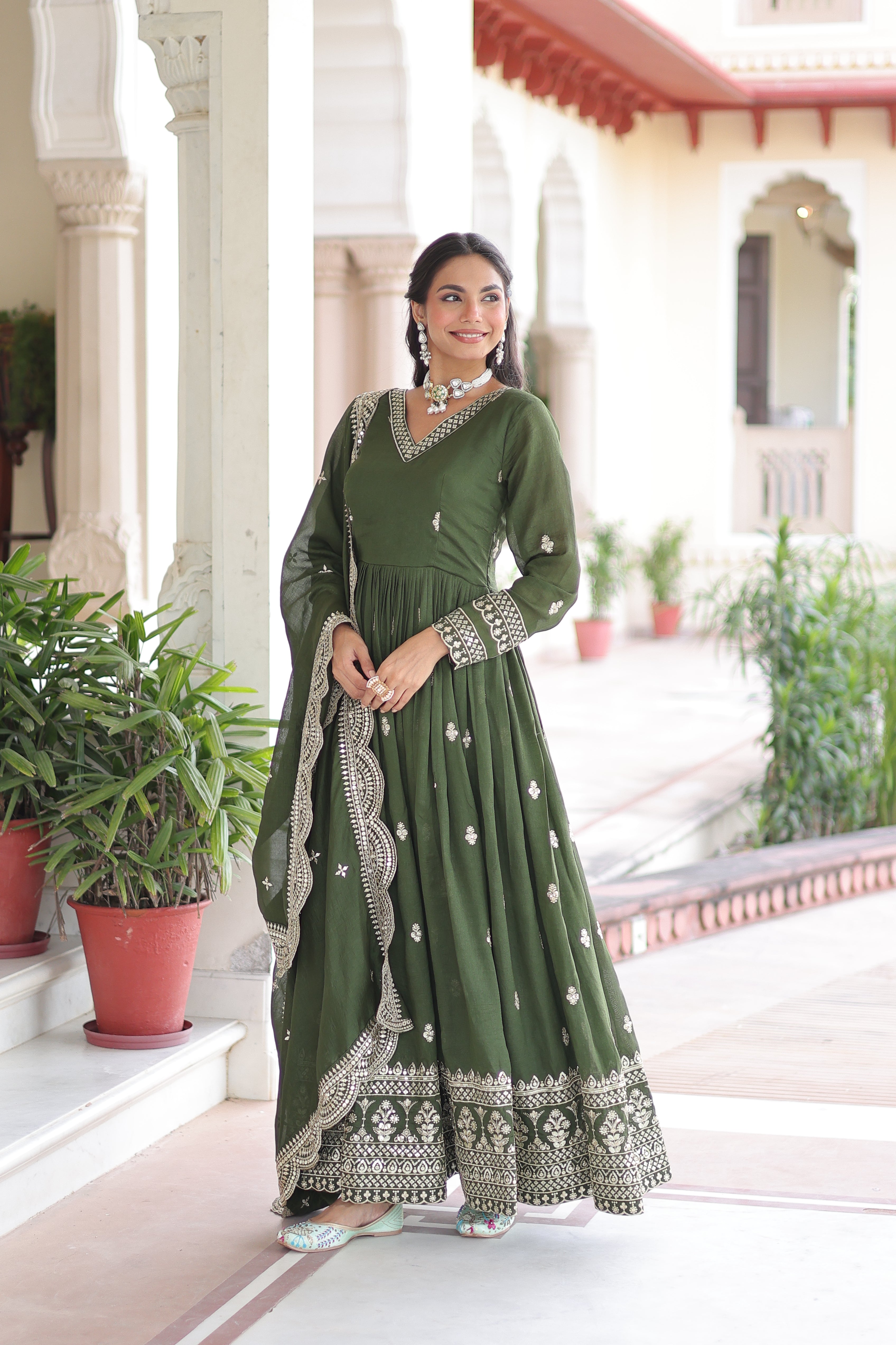 Sivi green Vichitra silk gown with sequins zari embroidered work and dupatta