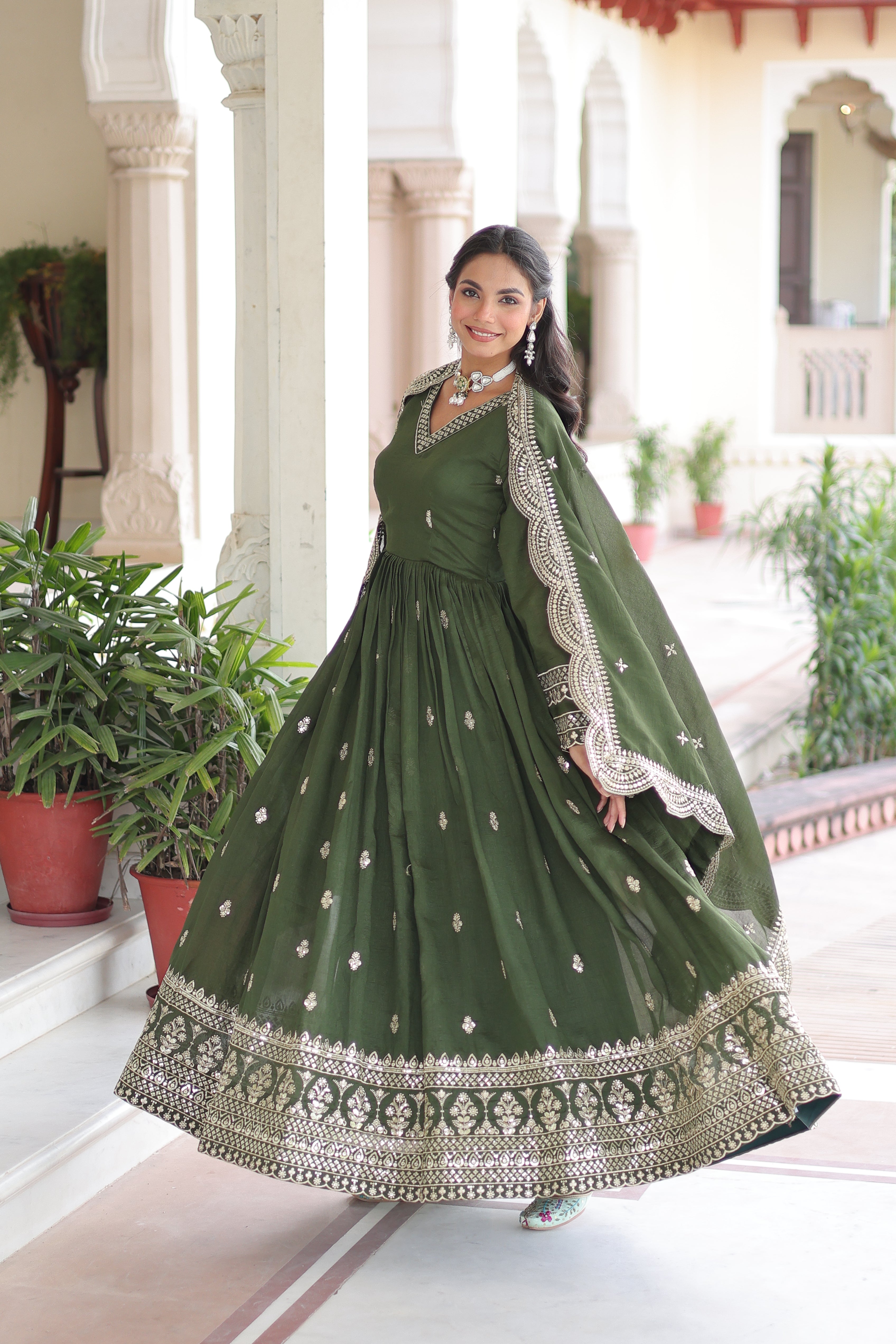 Sivi green Vichitra silk gown with sequins zari embroidered work and dupatta