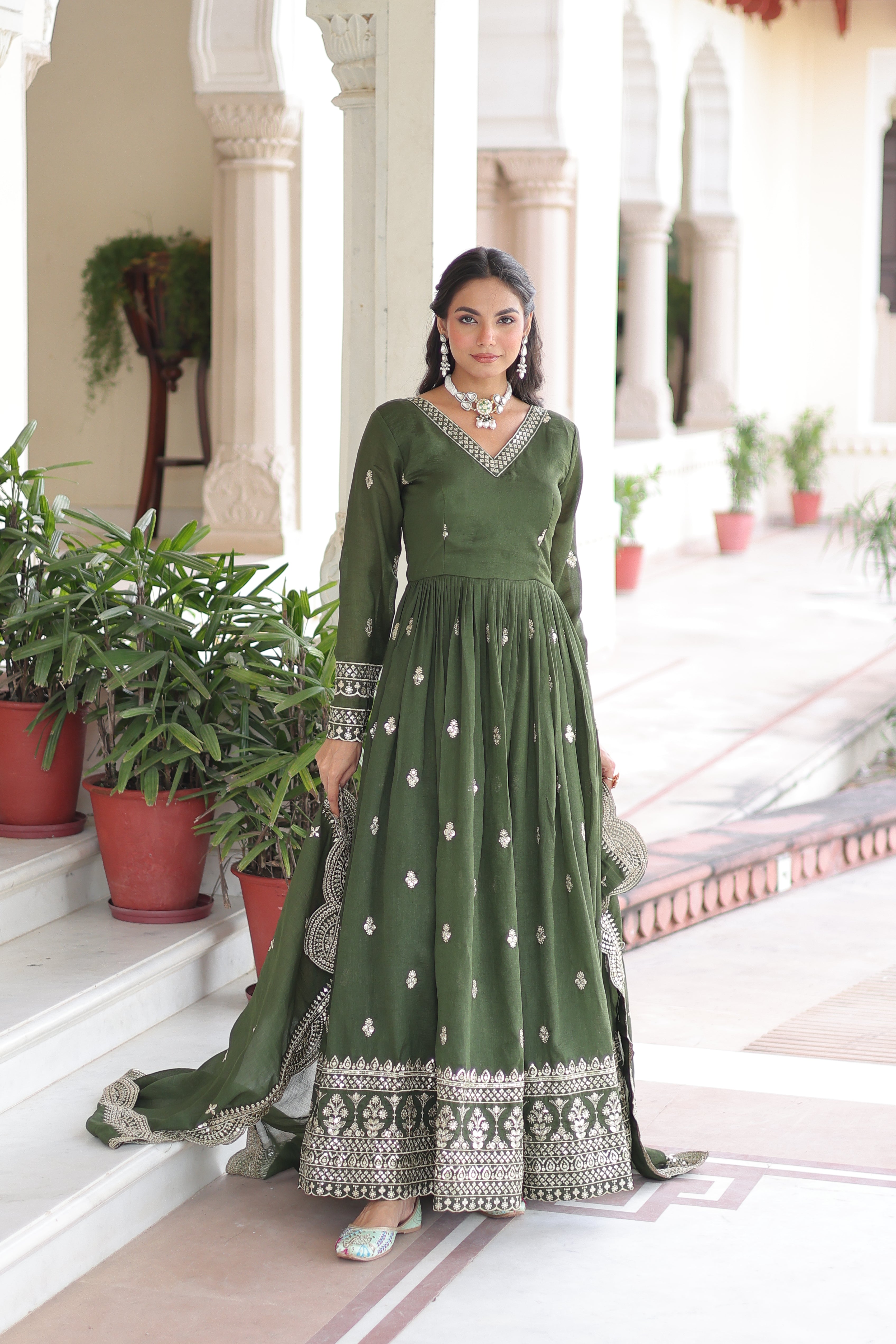 Sivi green Vichitra silk gown with sequins zari embroidered work and dupatta