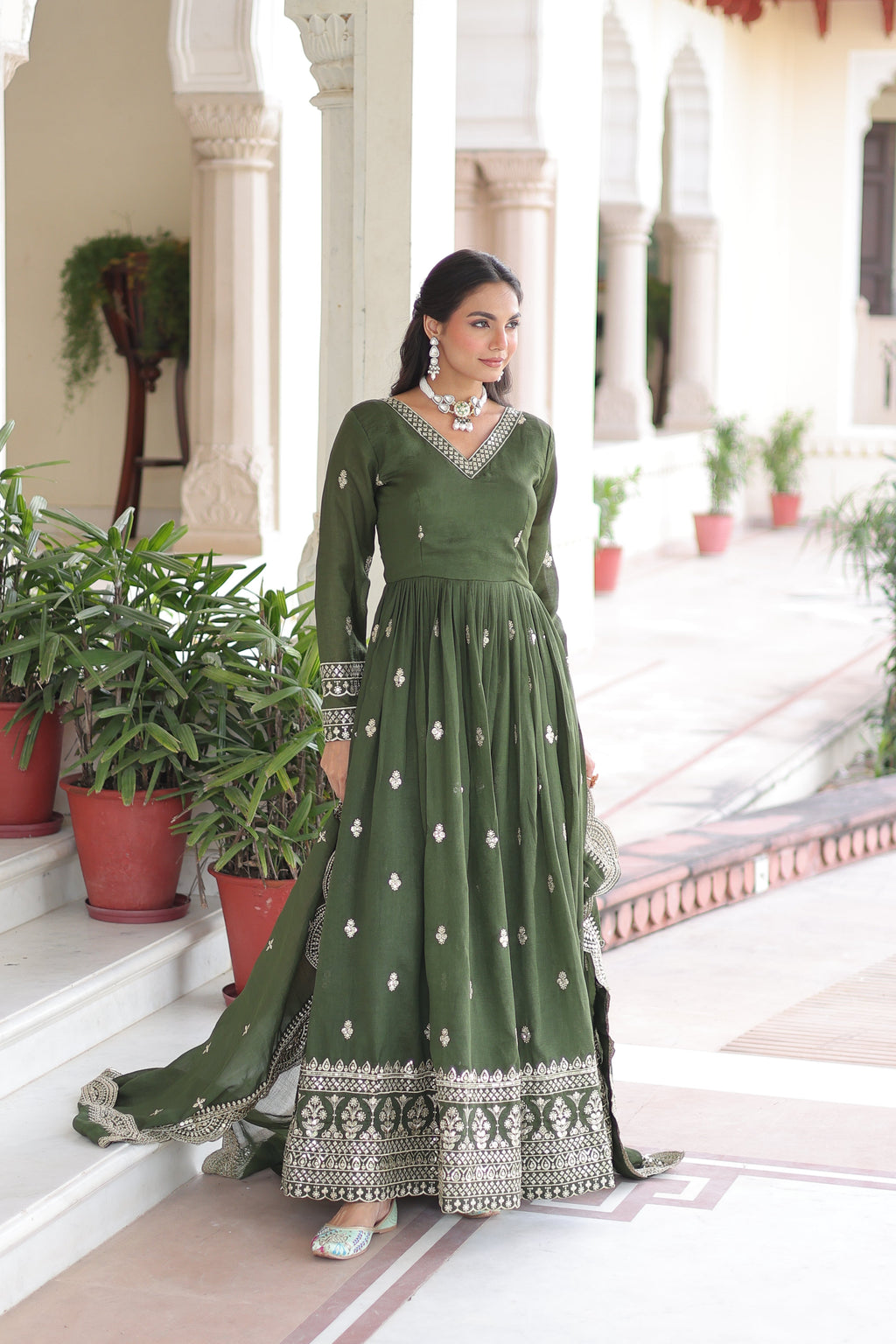 Sivi green Vichitra silk gown with sequins zari embroidered work and dupatta