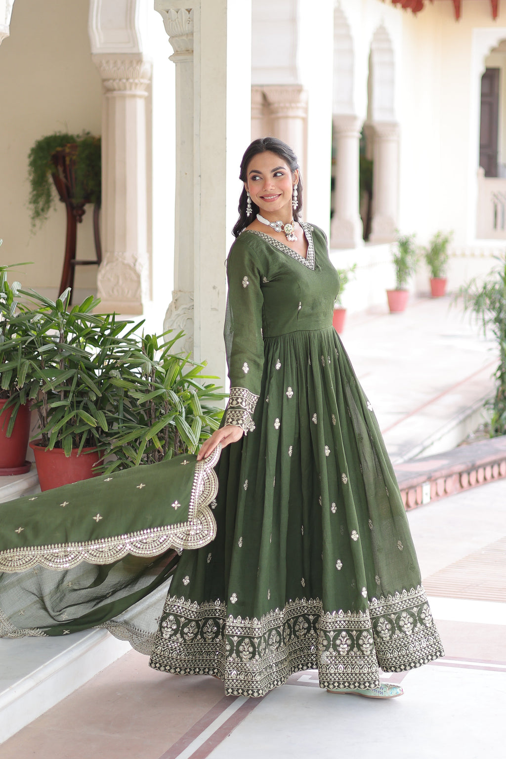Sivi green Vichitra silk gown with sequins zari embroidered work and dupatta