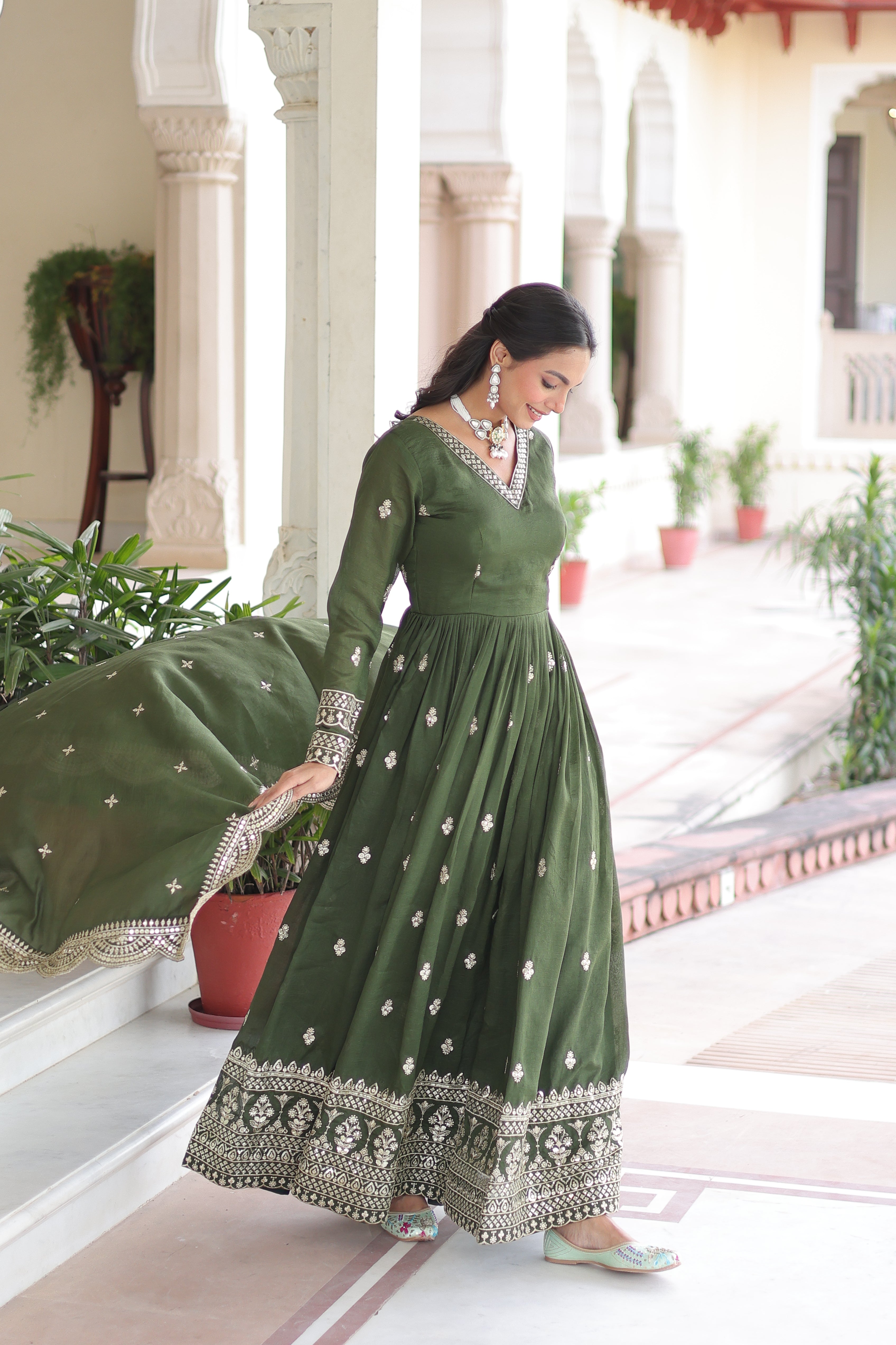 Sivi green Vichitra silk gown with sequins zari embroidered work and dupatta