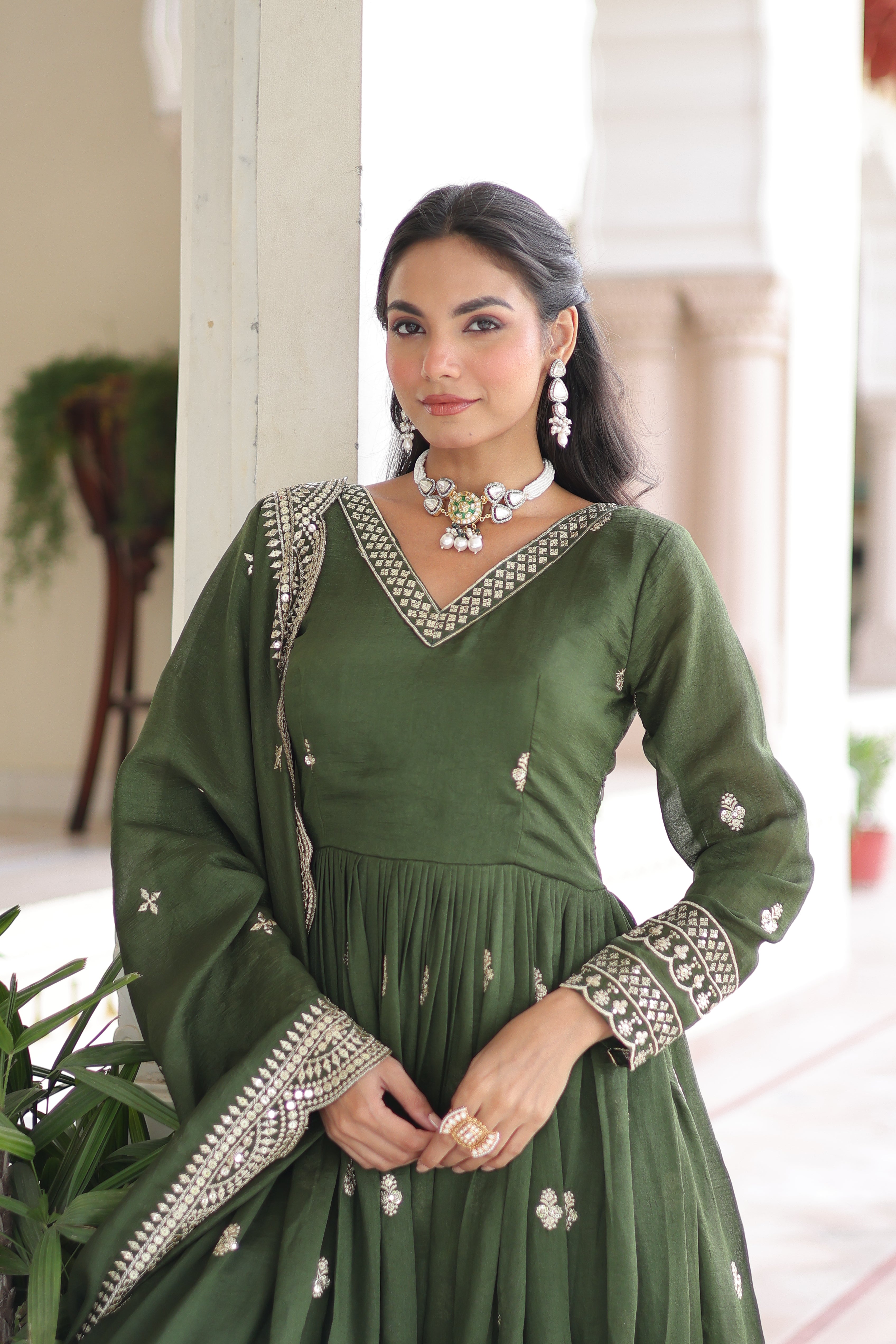 Sivi green Vichitra silk gown with sequins zari embroidered work and dupatta