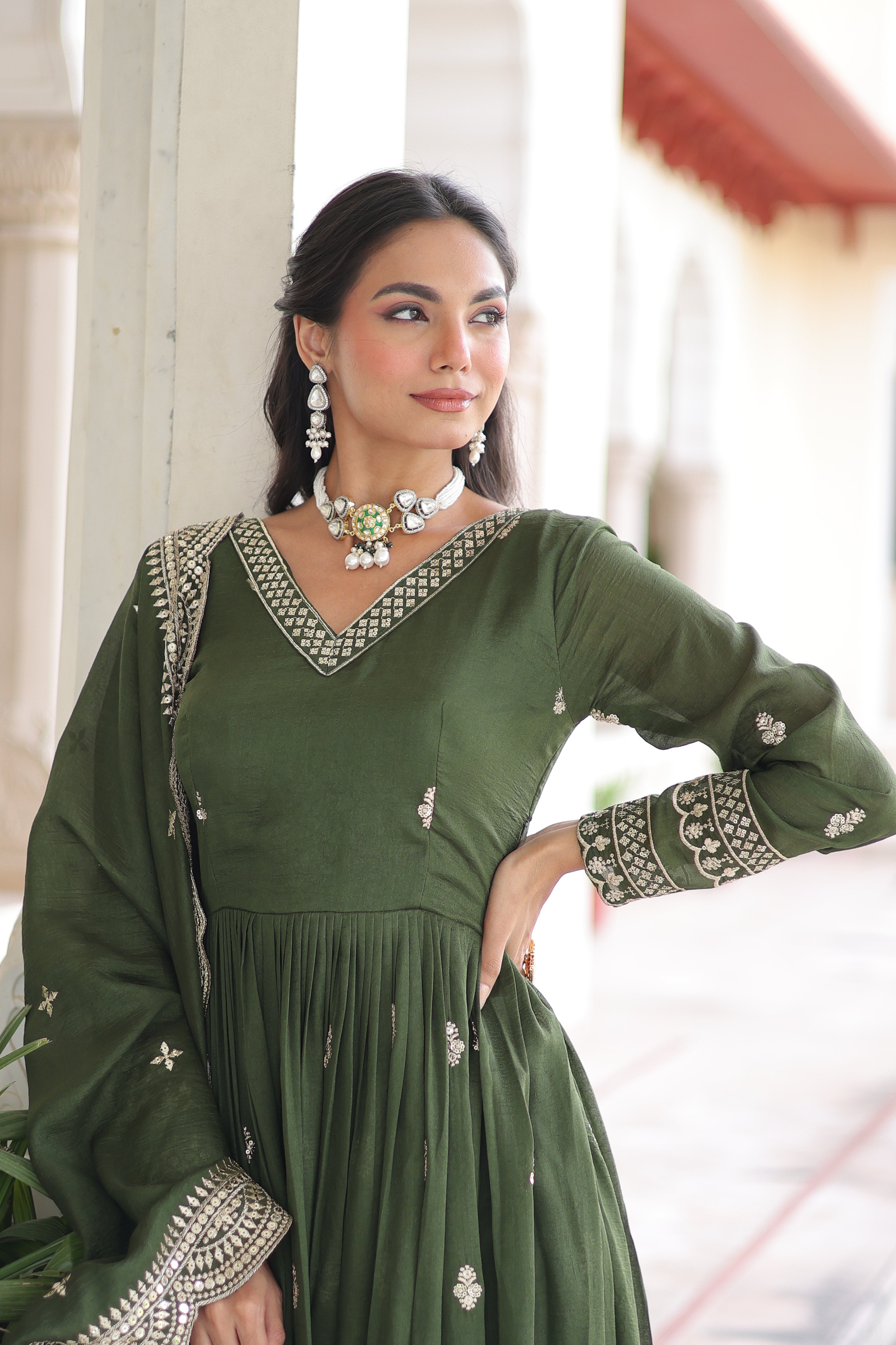 Sivi green Vichitra silk gown with sequins zari embroidered work and dupatta