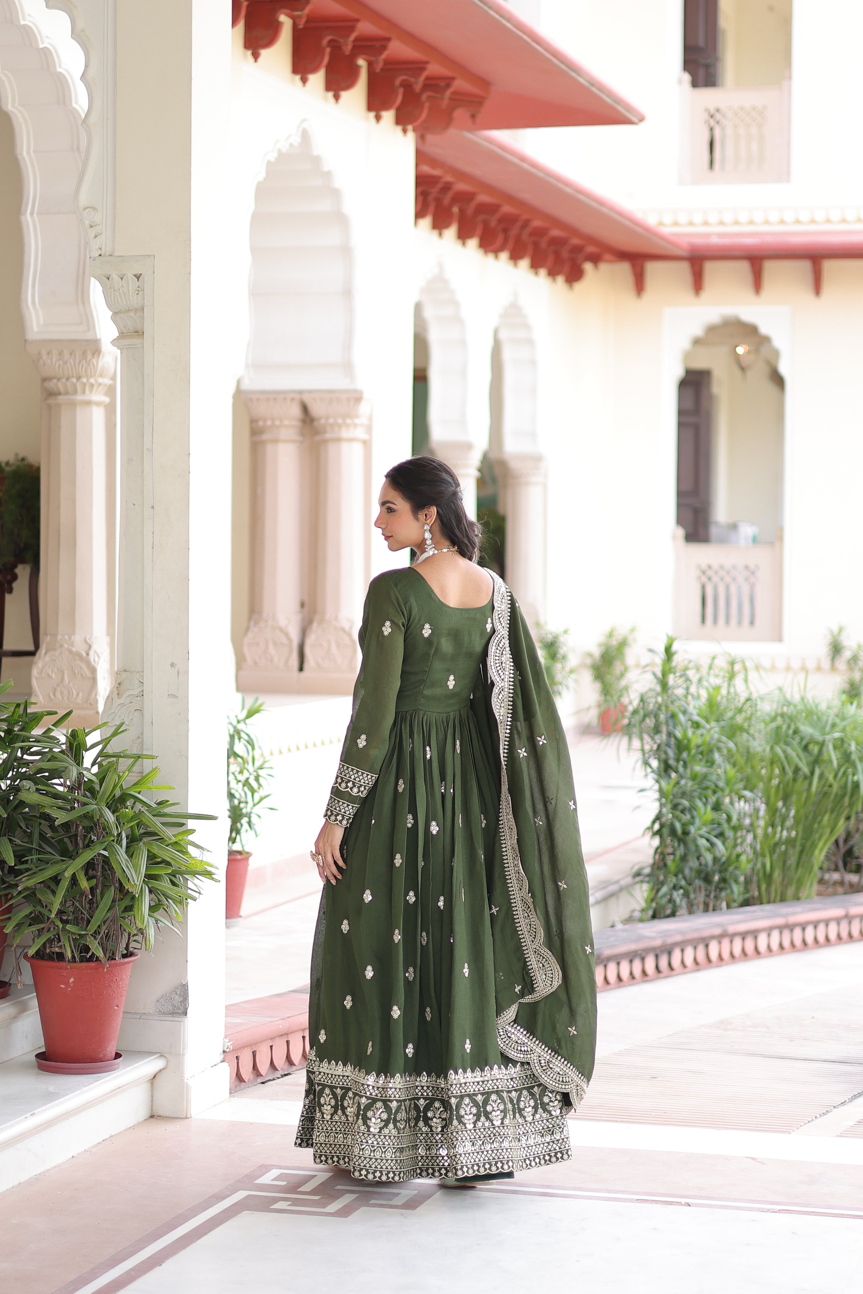 Sivi green Vichitra silk gown with sequins zari embroidered work and dupatta