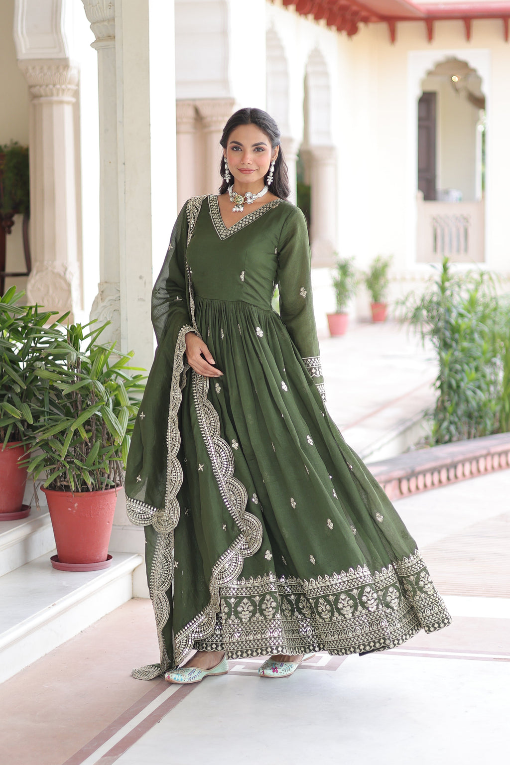 Sivi green Vichitra silk gown with sequins zari embroidered work and dupatta