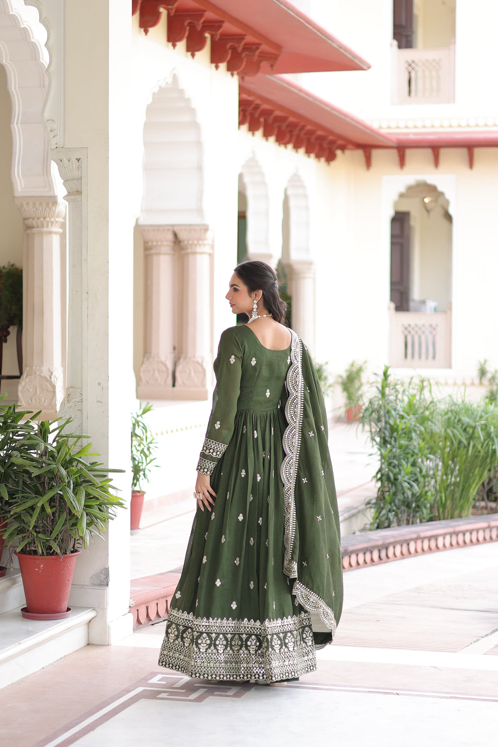 Sivi green Vichitra silk gown with sequins zari embroidered work and dupatta
