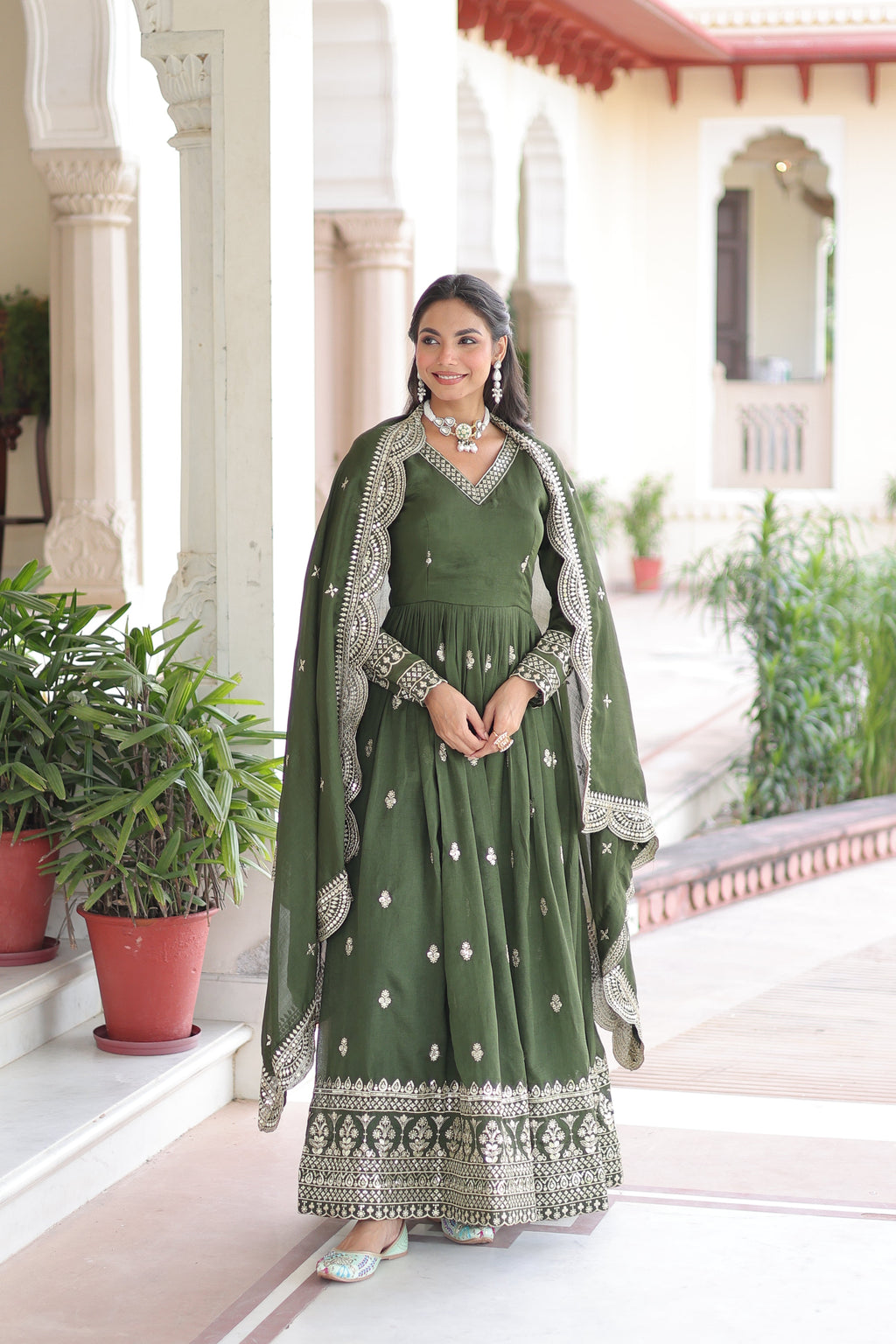 Sivi green Vichitra silk gown with sequins zari embroidered work and dupatta
