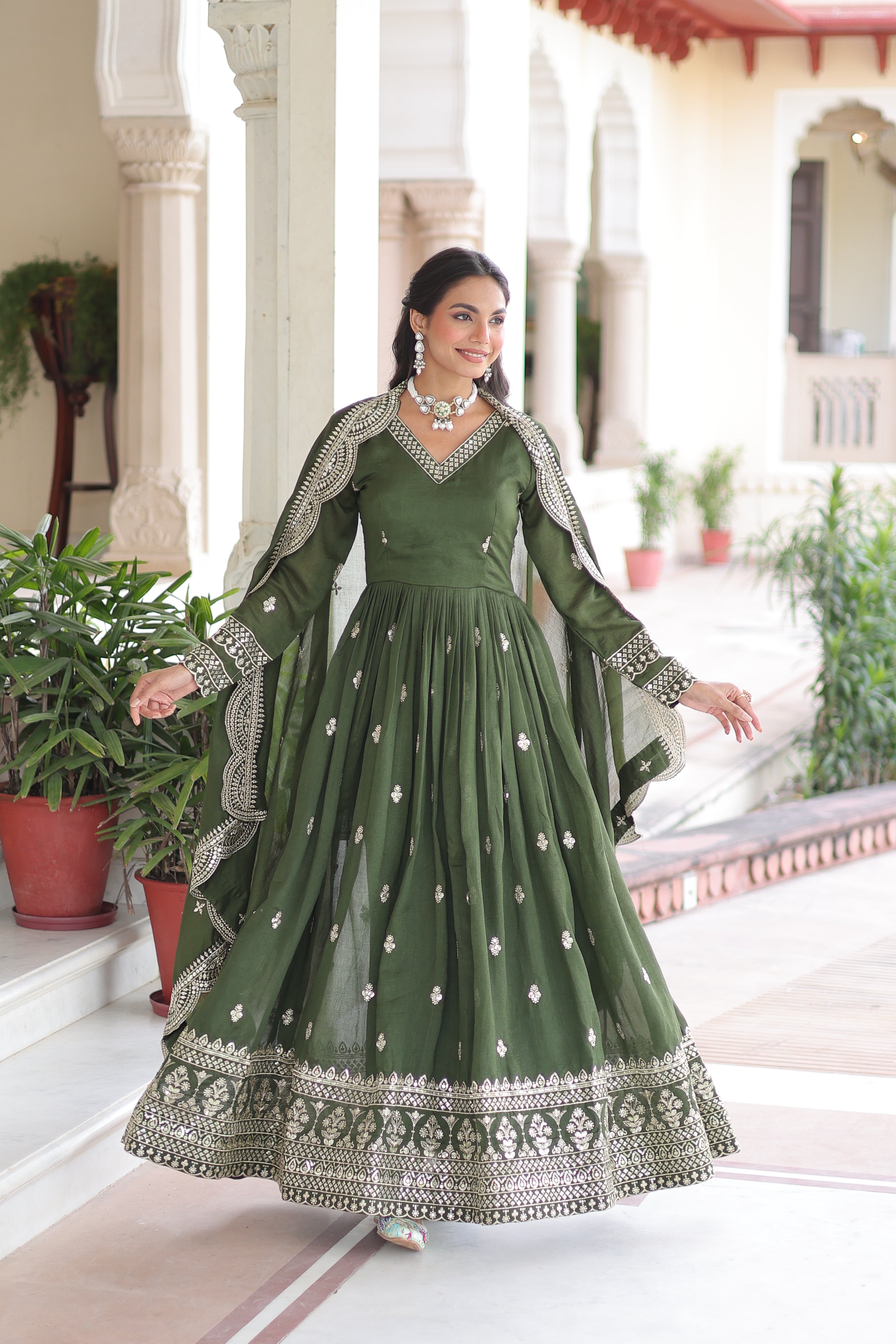 Sivi green Vichitra silk gown with sequins zari embroidered work and dupatta