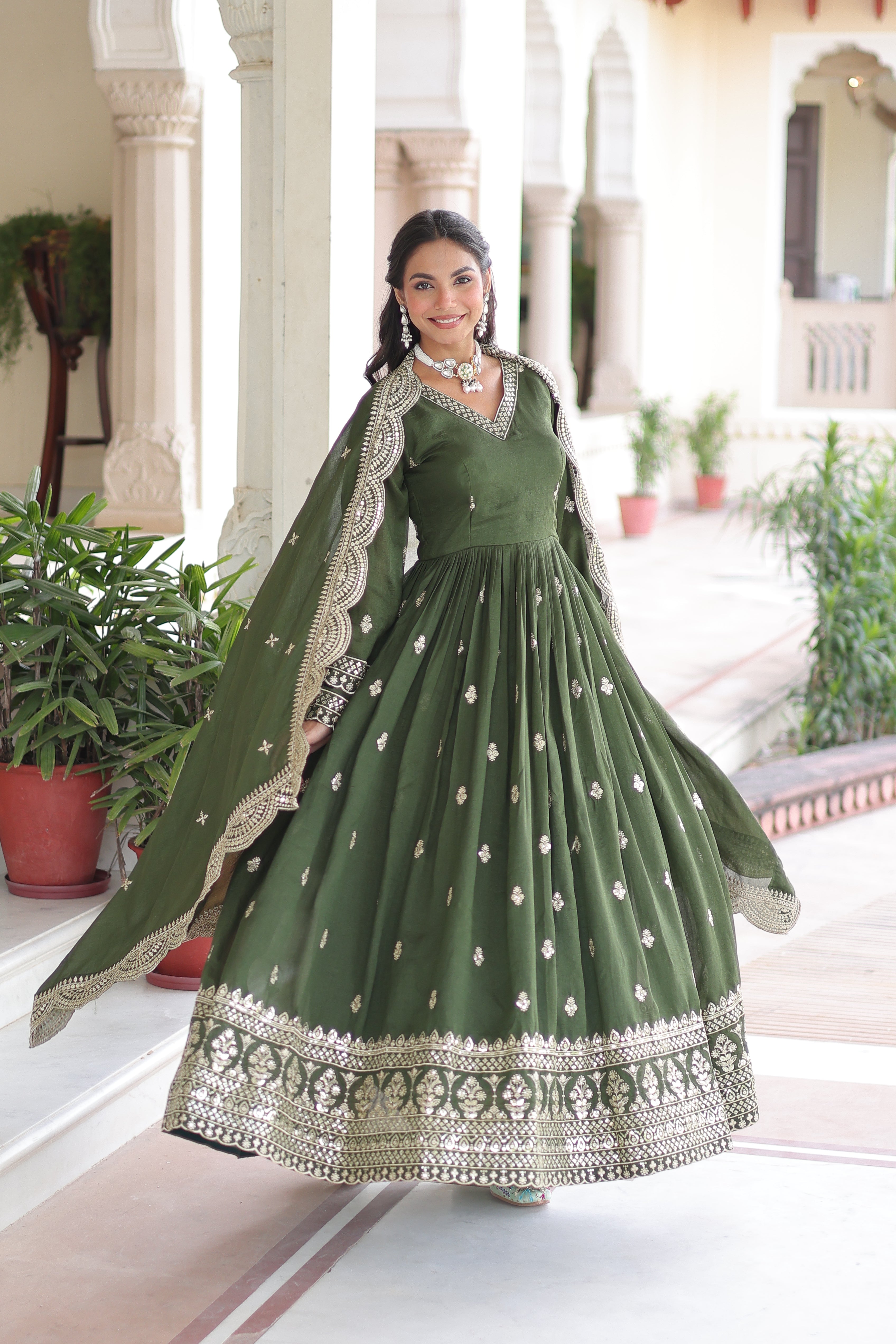 Sivi green Vichitra silk gown with sequins zari embroidered work and dupatta