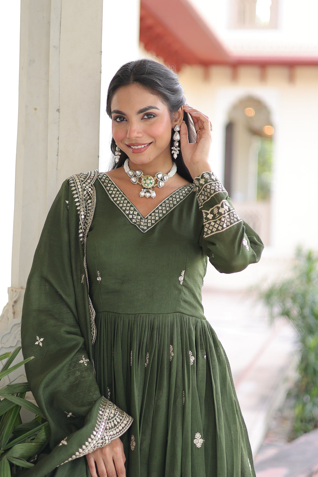 Sivi green Vichitra silk gown with sequins zari embroidered work and dupatta