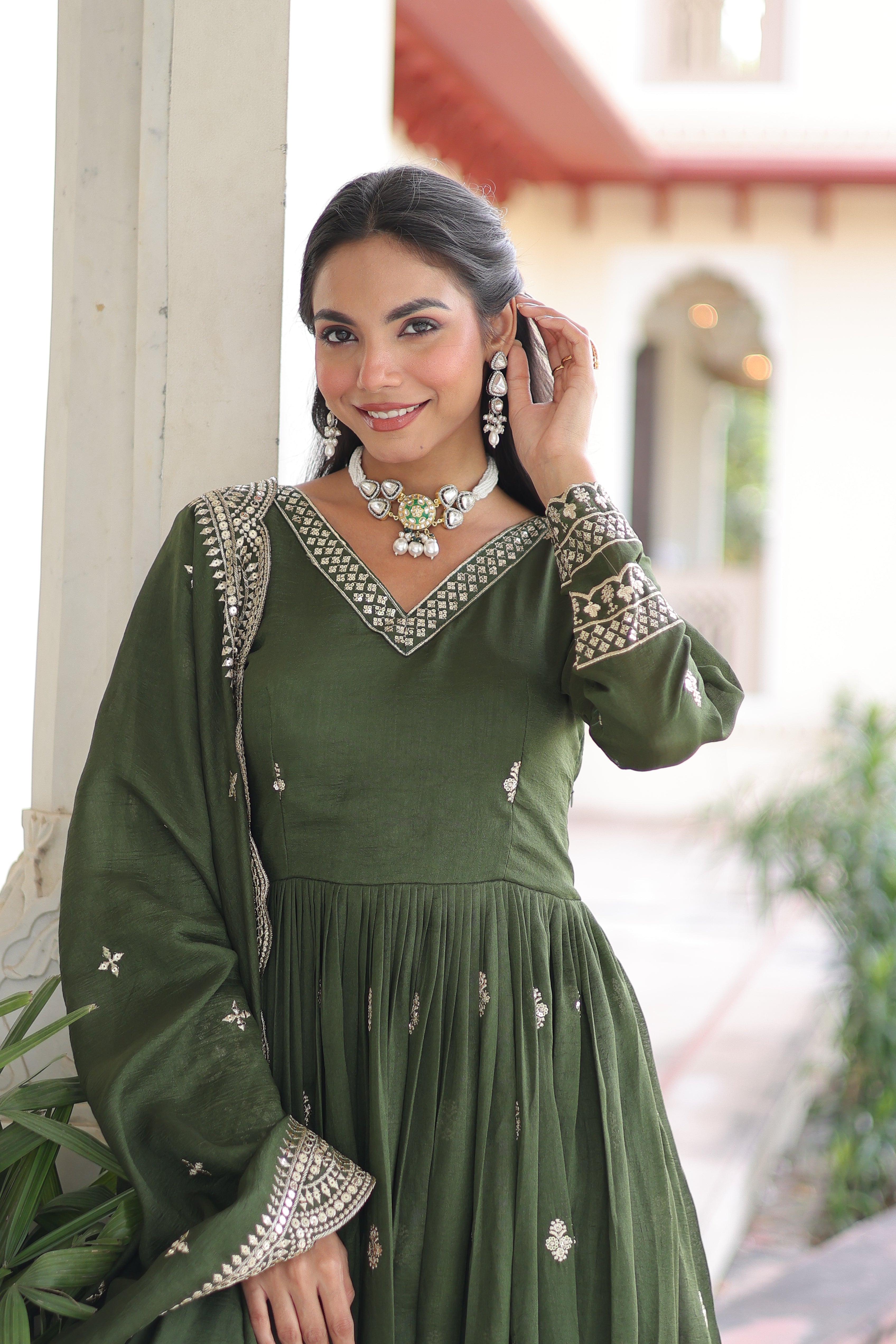 Sivi green Vichitra silk gown with sequins zari embroidered work and dupatta