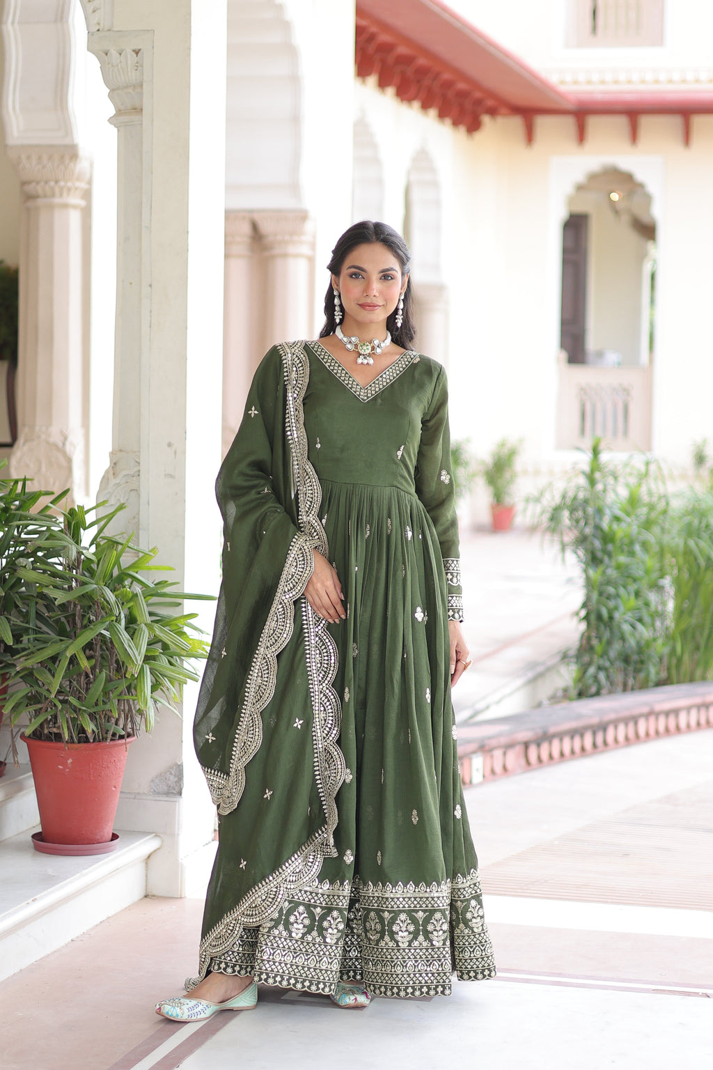 Sivi green Vichitra silk gown with sequins zari embroidered work and dupatta