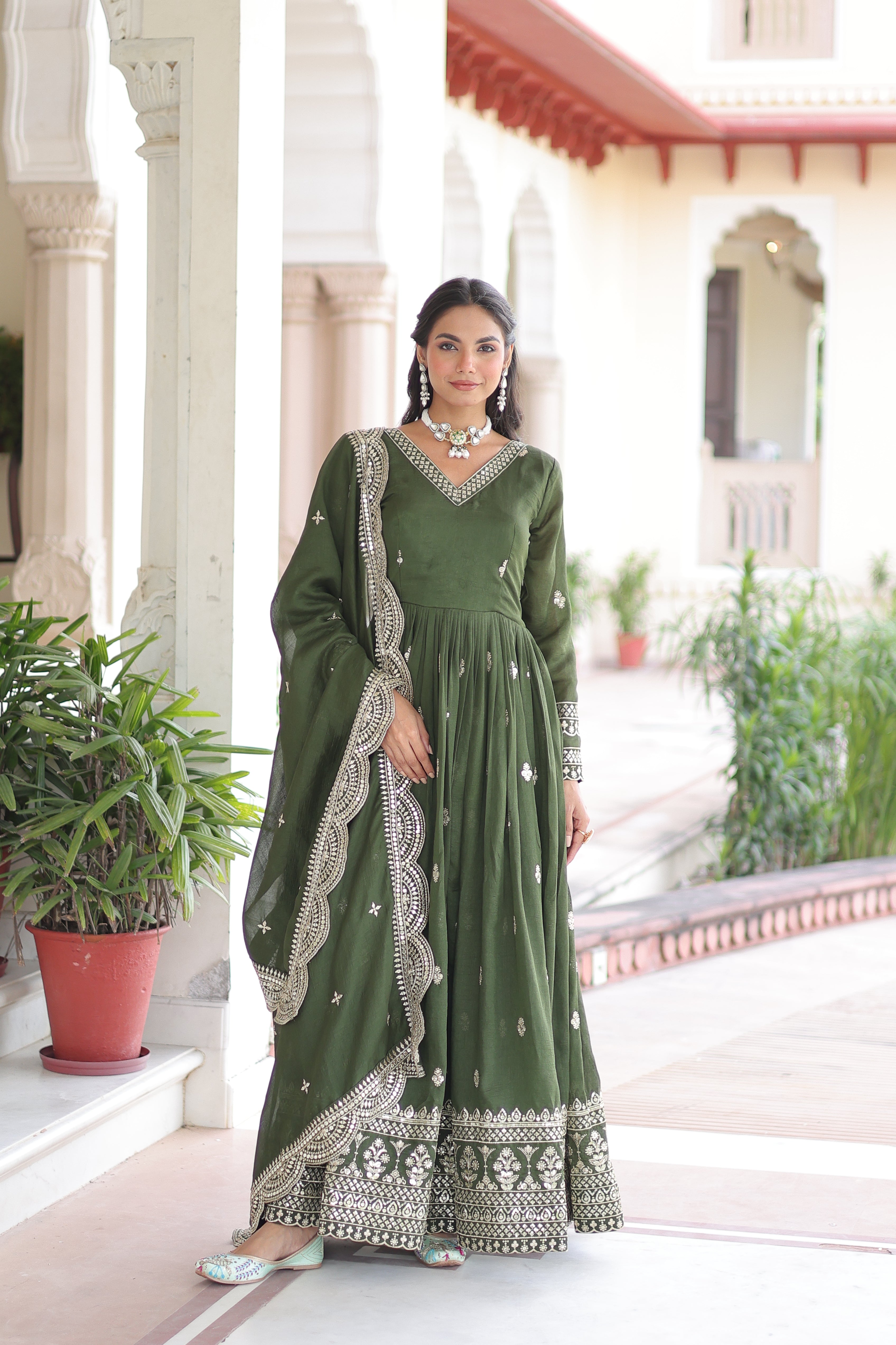 Sivi green Vichitra silk gown with sequins zari embroidered work and dupatta