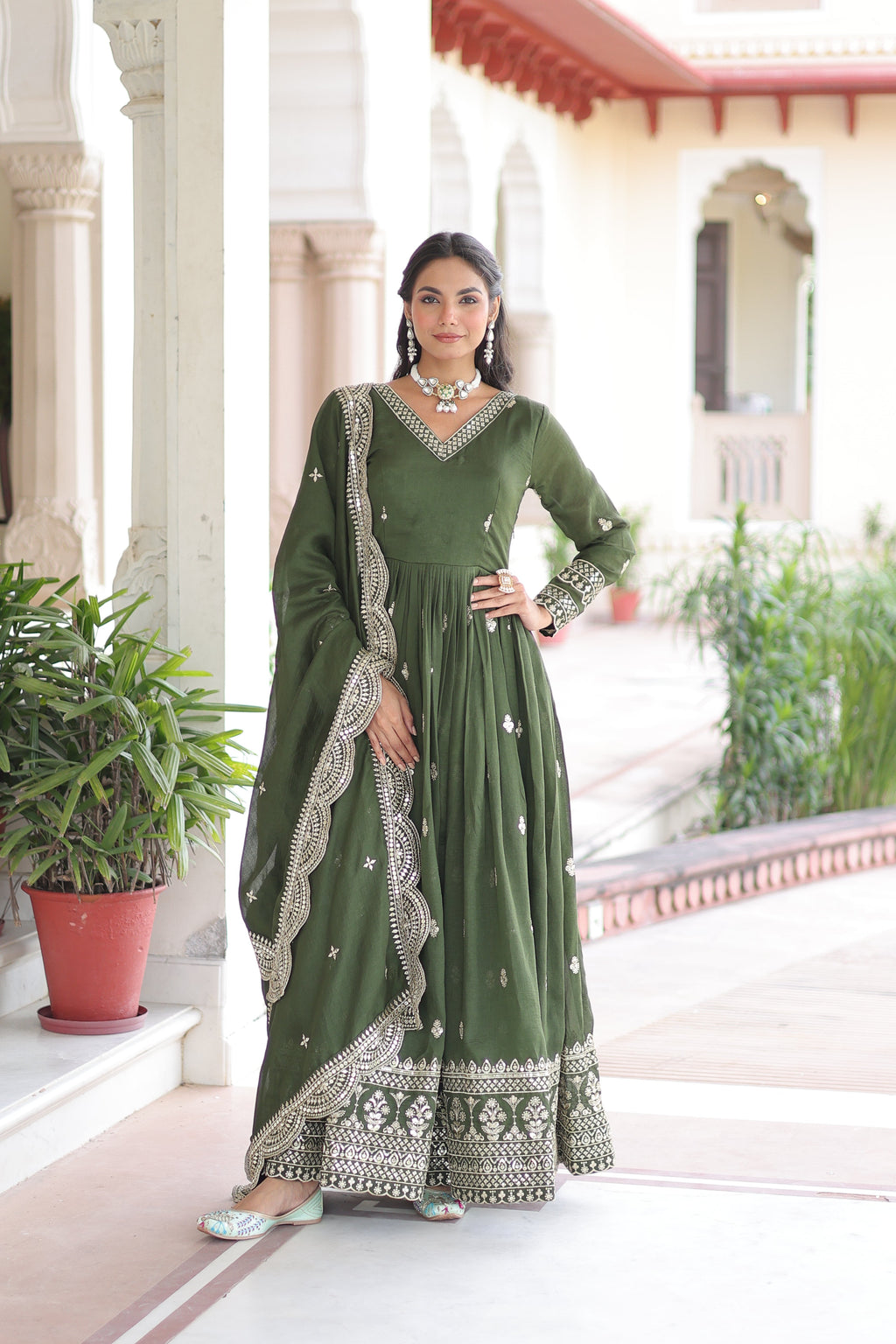 Sivi green Vichitra silk gown with sequins zari embroidered work and dupatta