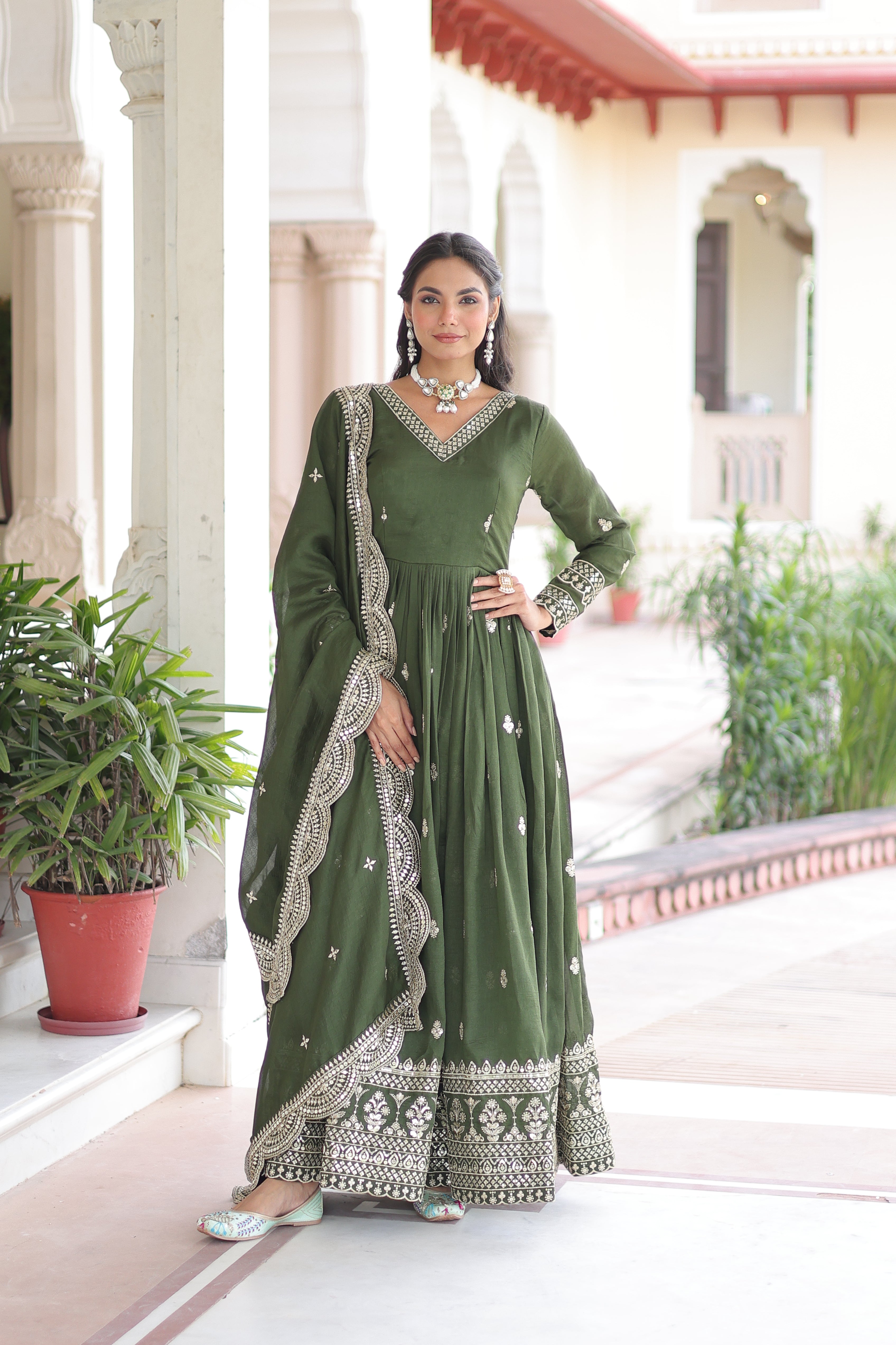 Sivi green Vichitra silk gown with sequins zari embroidered work and dupatta
