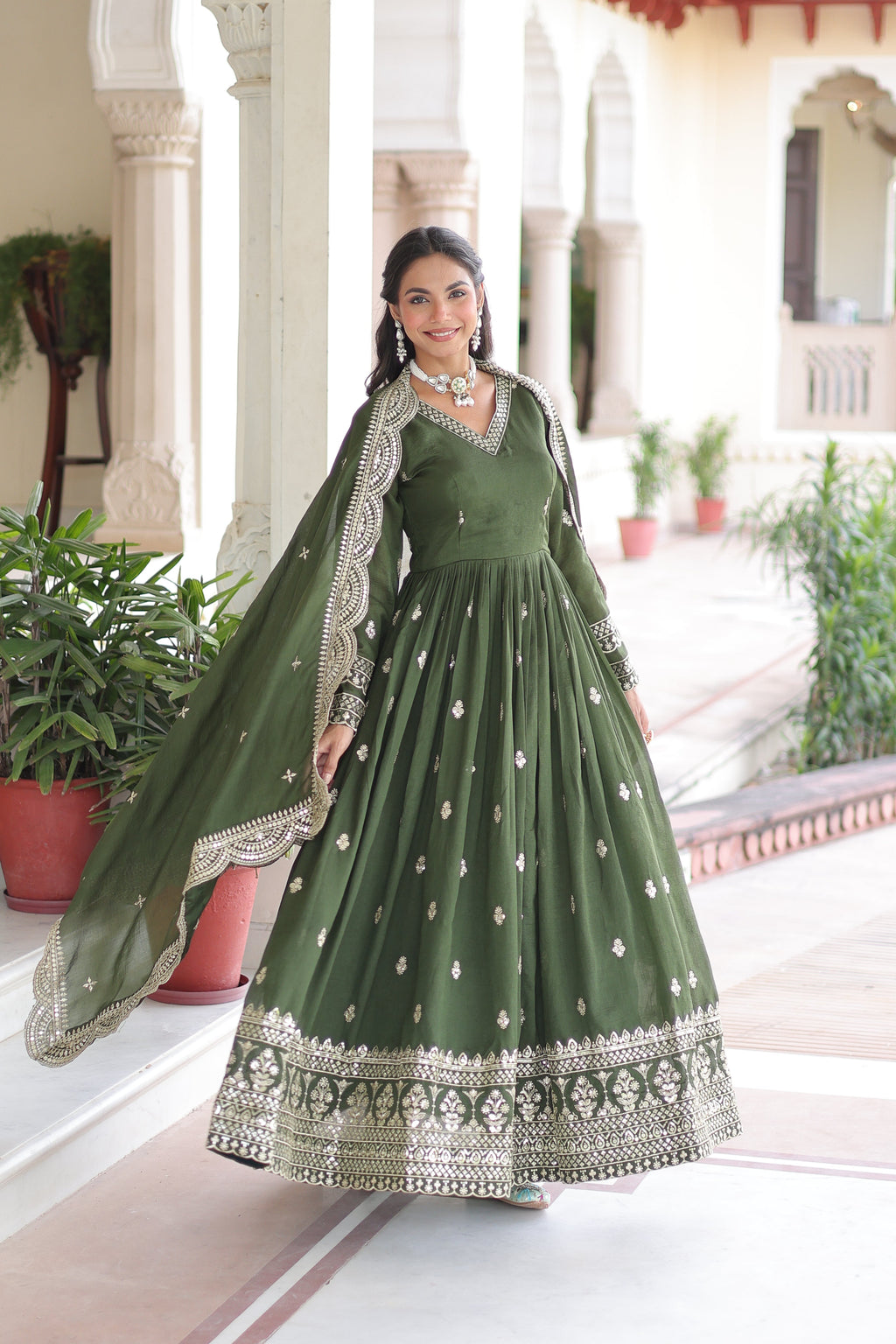 Sivi green Vichitra silk gown with sequins zari embroidered work and dupatta