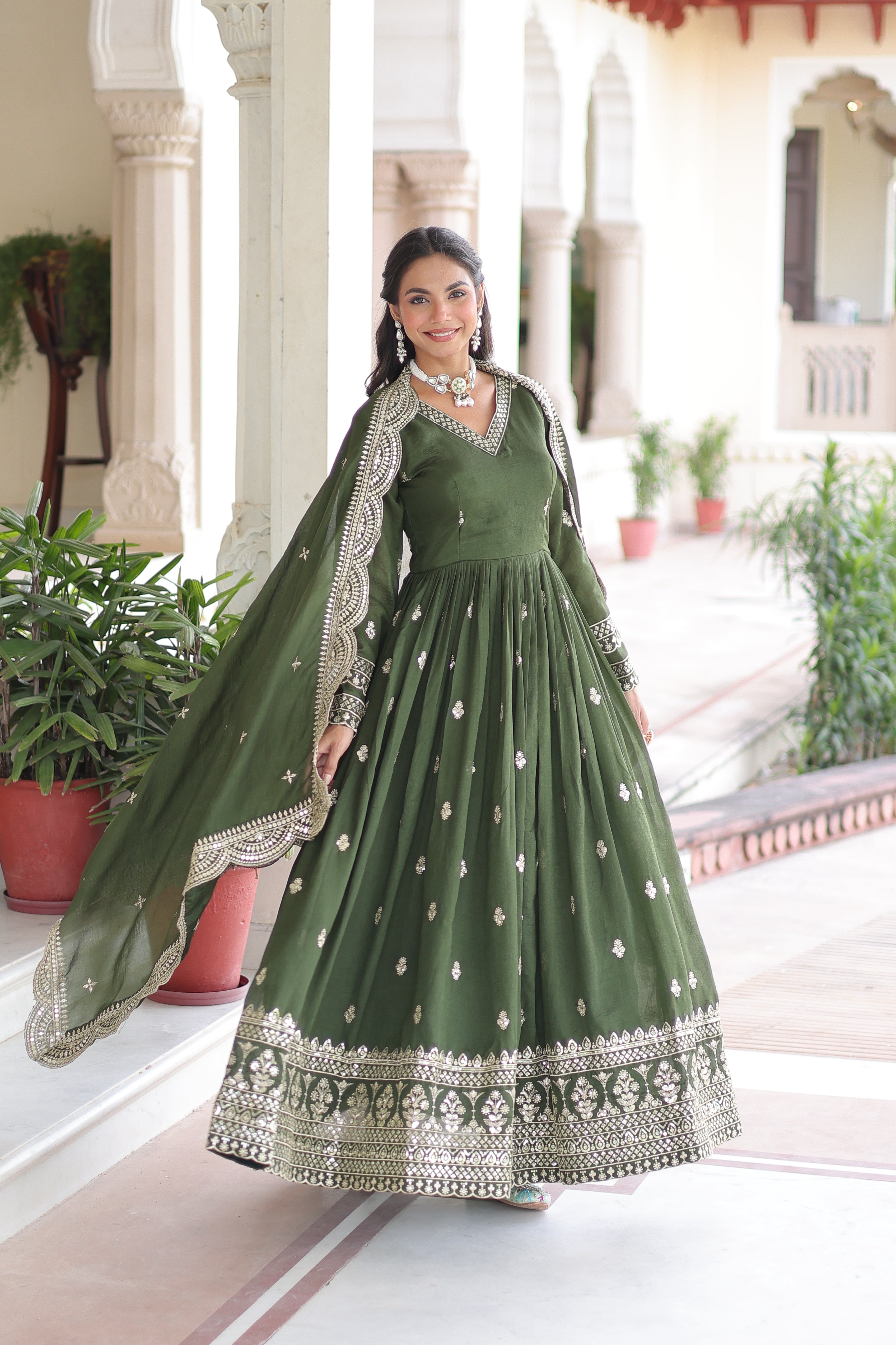 Sivi green Vichitra silk gown with sequins zari embroidered work and dupatta