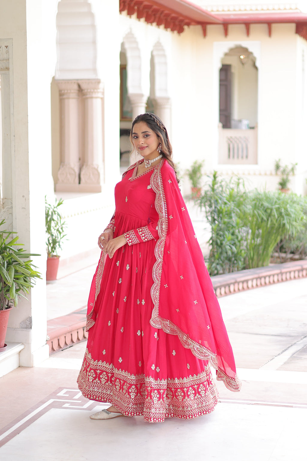 Sivi pink Vichitra silk gown with sequins zari embroidered work and dupatta