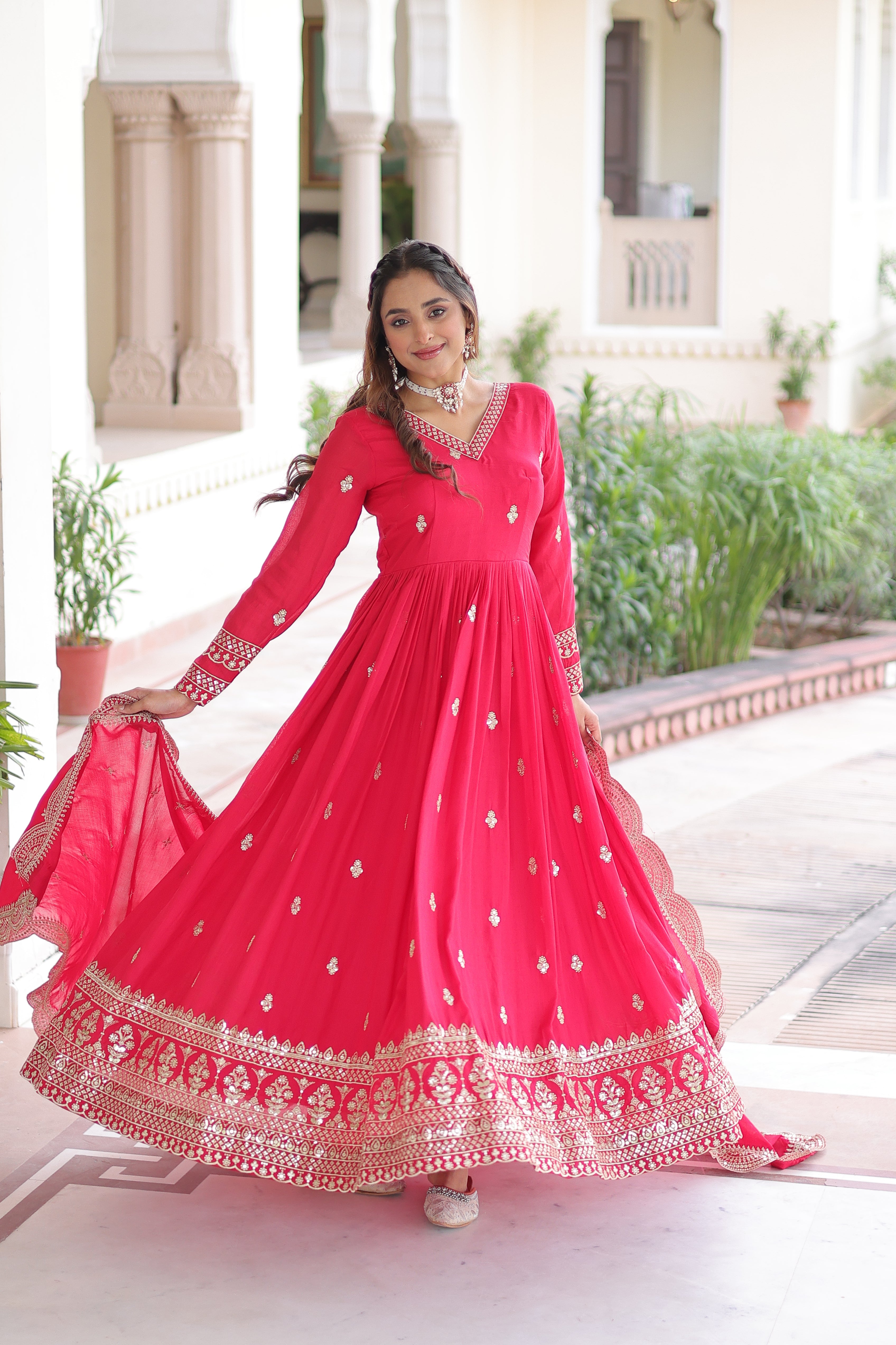 Sivi pink Vichitra silk gown with sequins zari embroidered work and dupatta