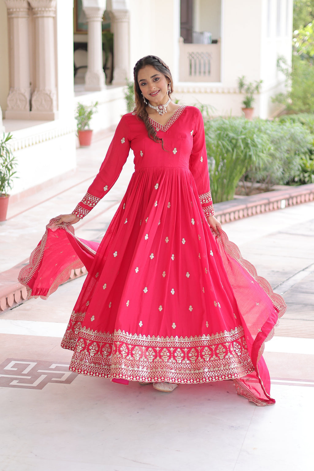 Sivi pink Vichitra silk gown with sequins zari embroidered work and dupatta